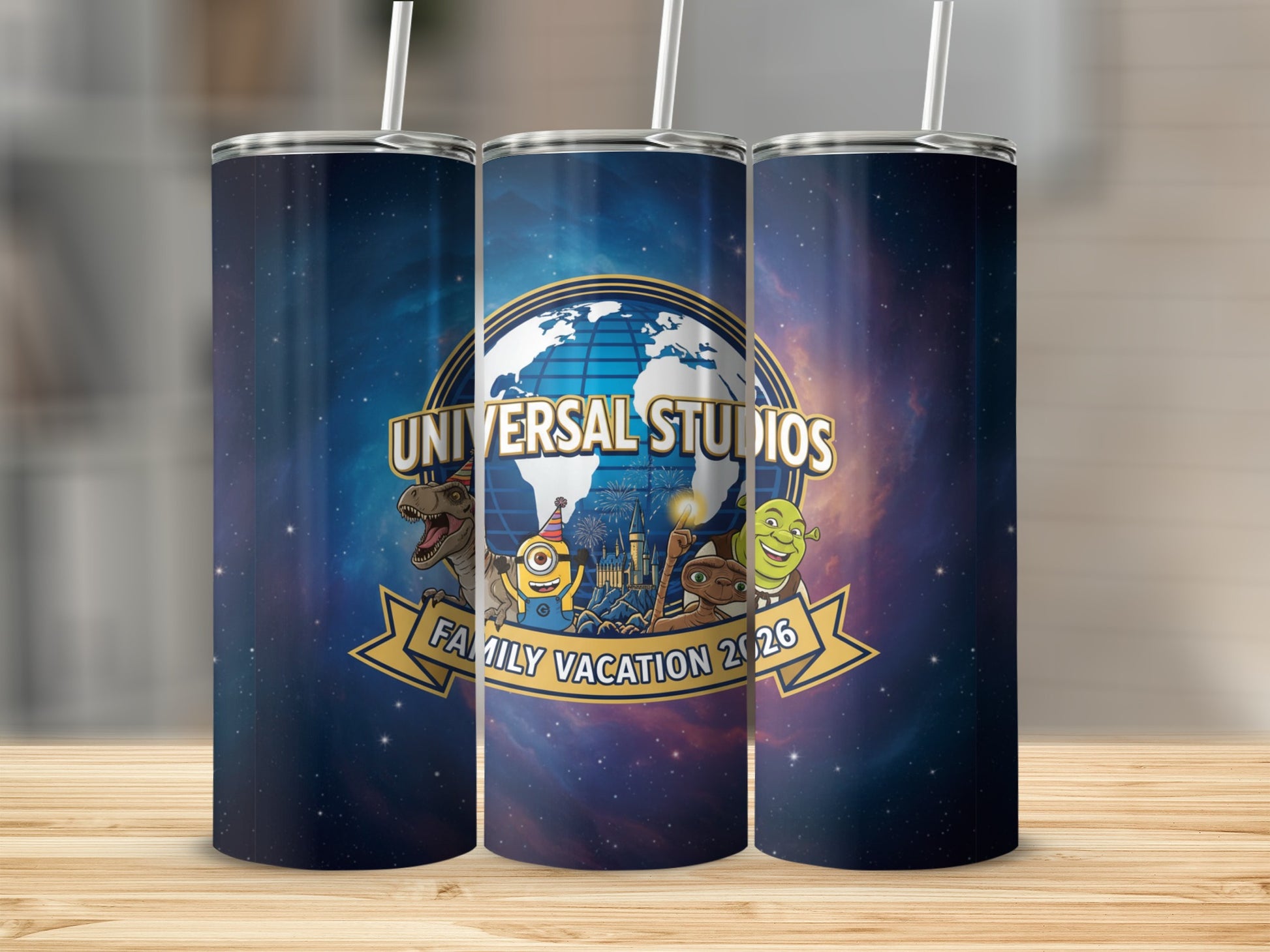 Universal Studios Family Vacation 2026 tumbler with movie characters on starry background.