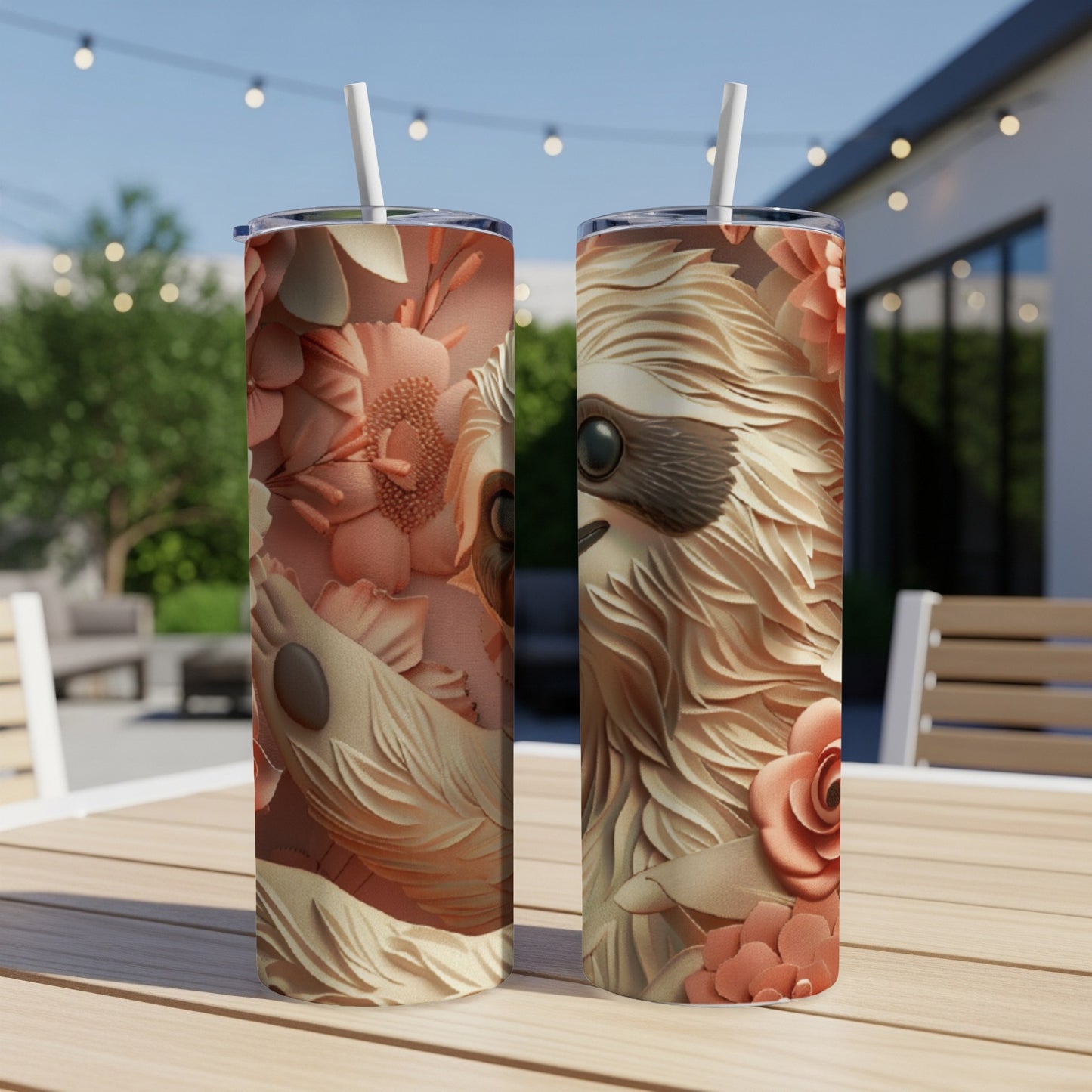 Two tumblers with a sloth and floral design stand on a table.