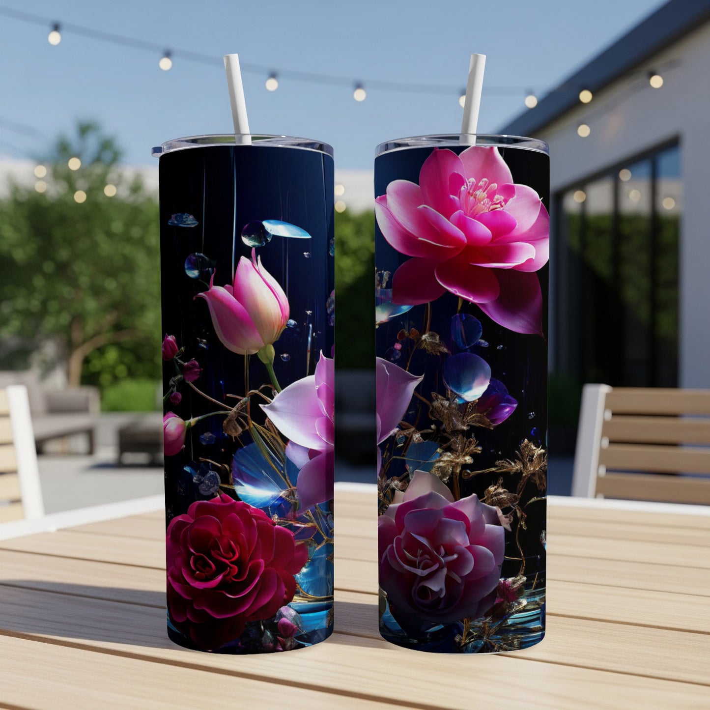 Two tall, slim tumblers featuring dark floral designs with pink and red roses.