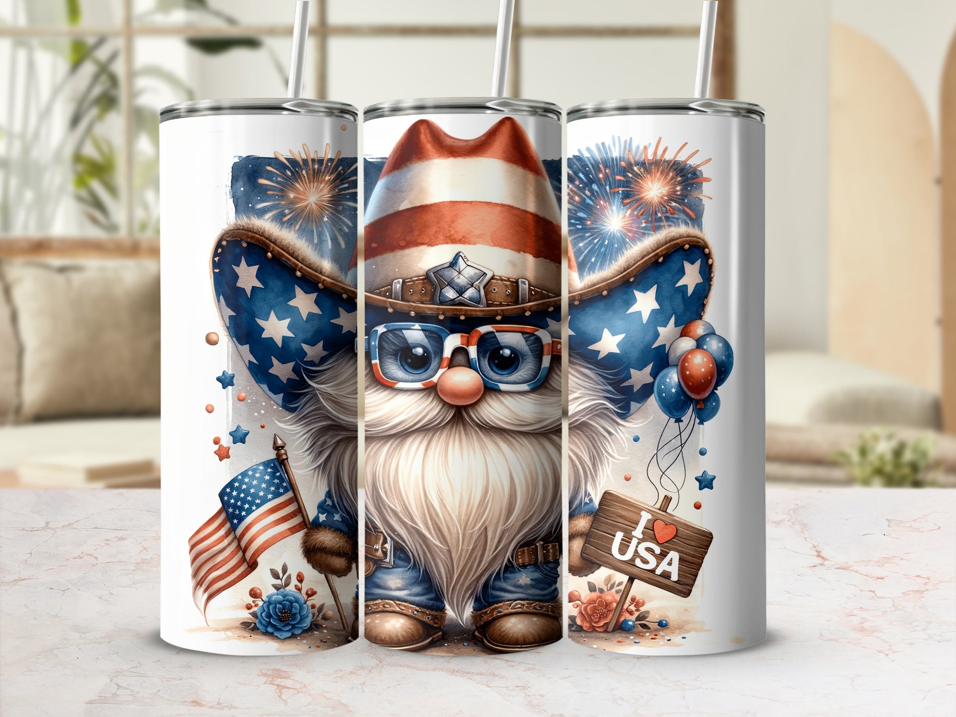 Fourth of July gnome wearing sunglasses and holding an American flag.