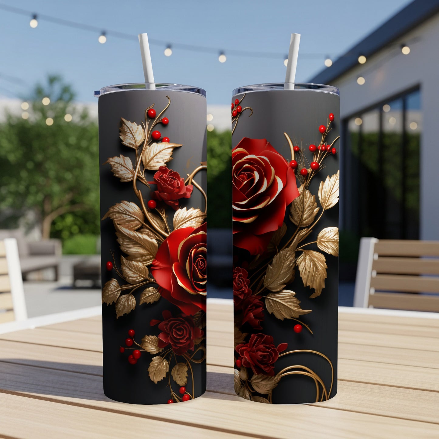 Two tumblers with red roses and gold leaves on a dark background.