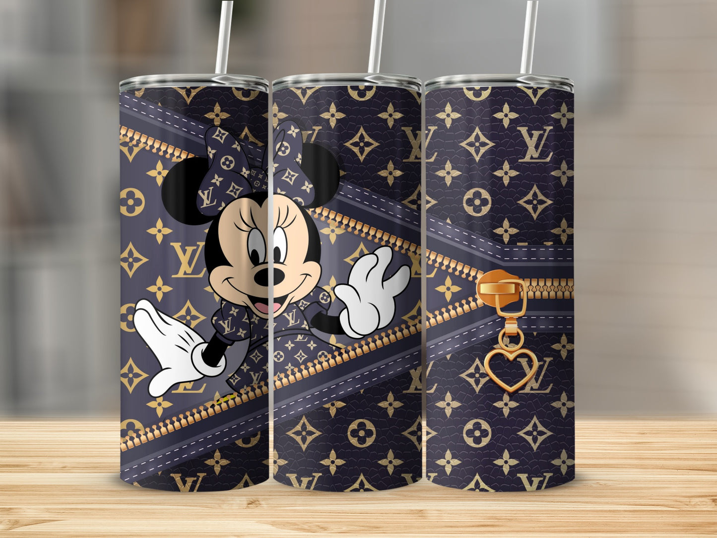 Minnie Mouse on LV pattern tumbler with gold zipper and heart charm.
