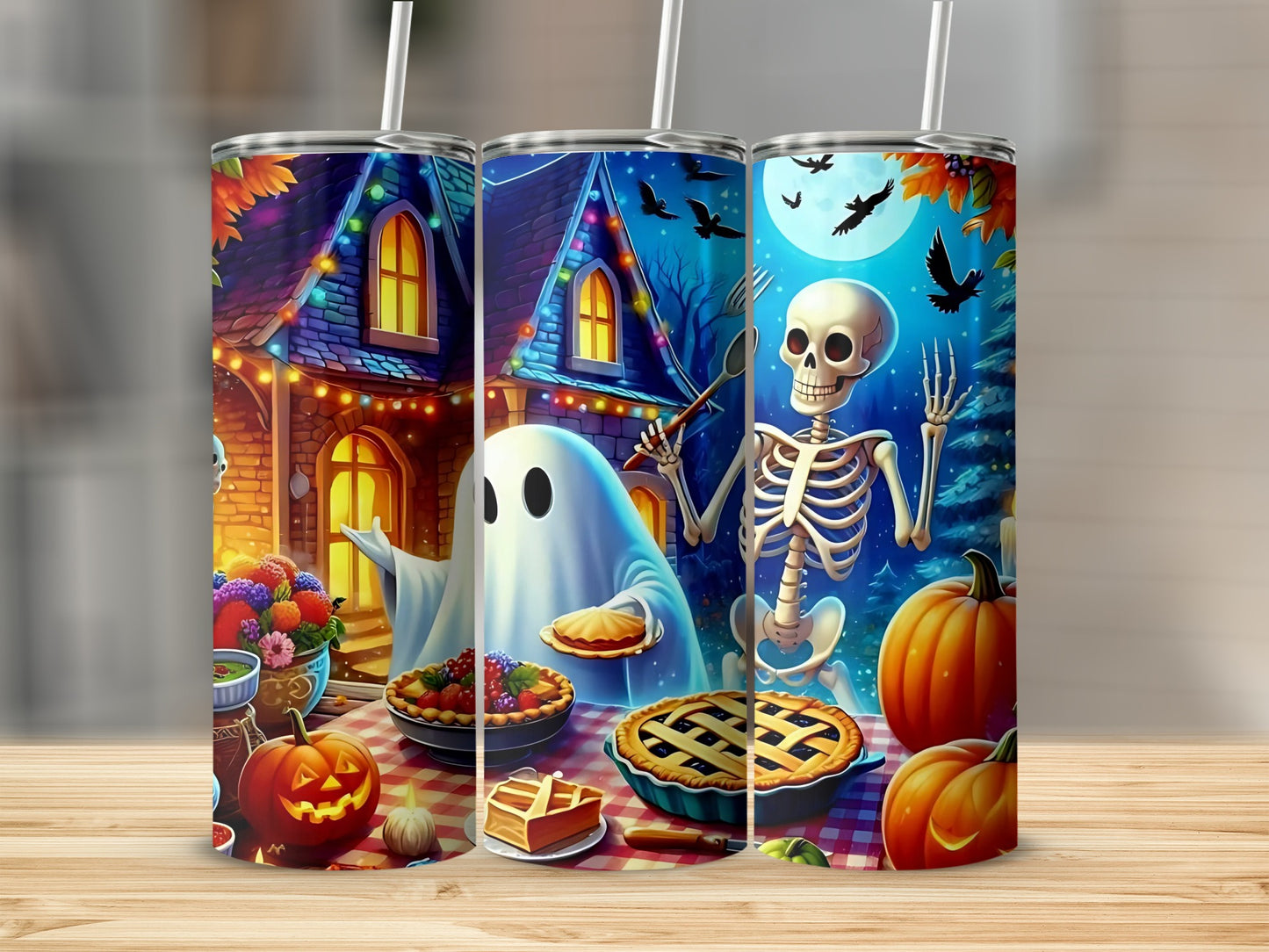 Three tumblers featuring a Halloween scene with a ghost, skeleton, pies, and pumpkins.