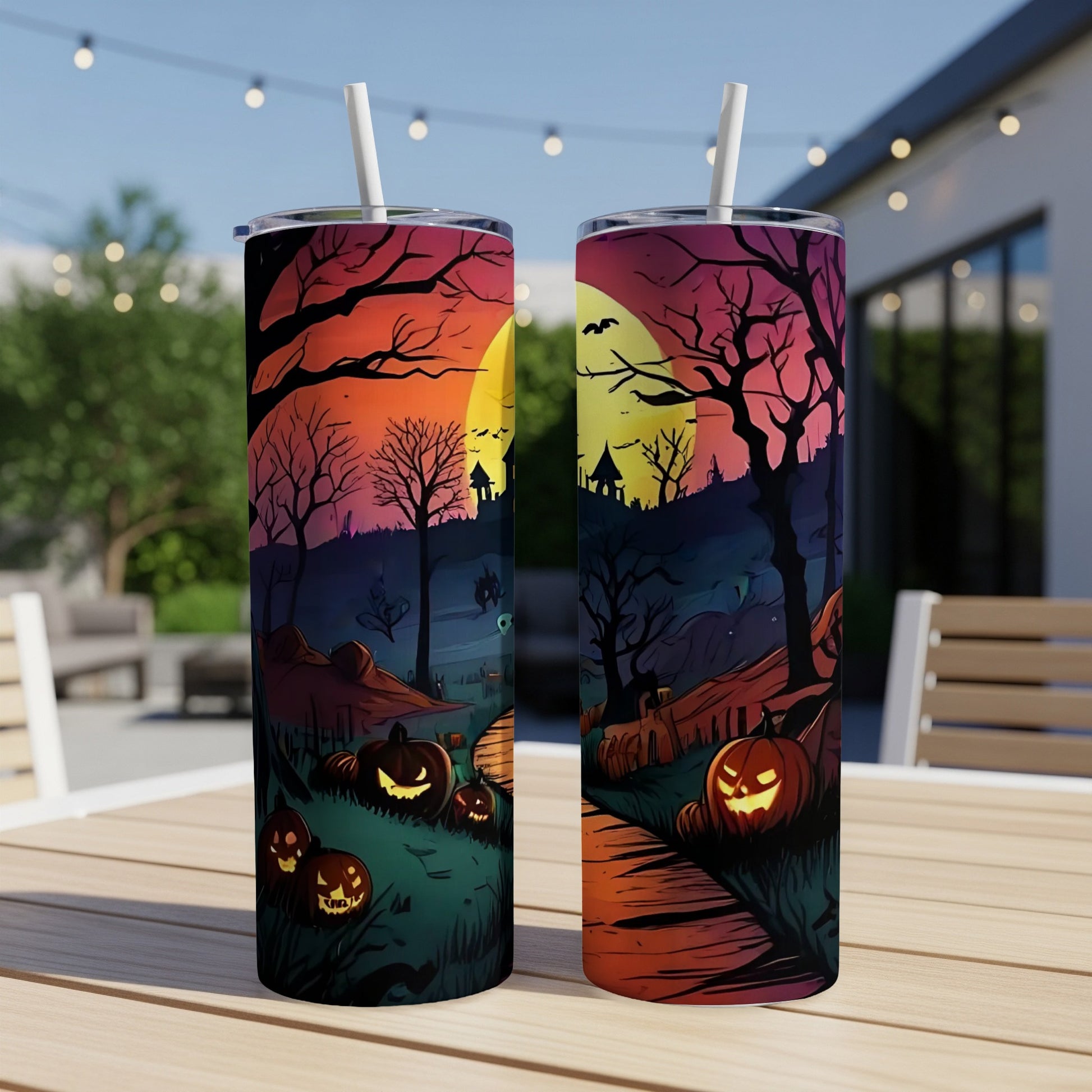 Two tumblers with a spooky Halloween forest scene featuring pumpkins and bare trees.