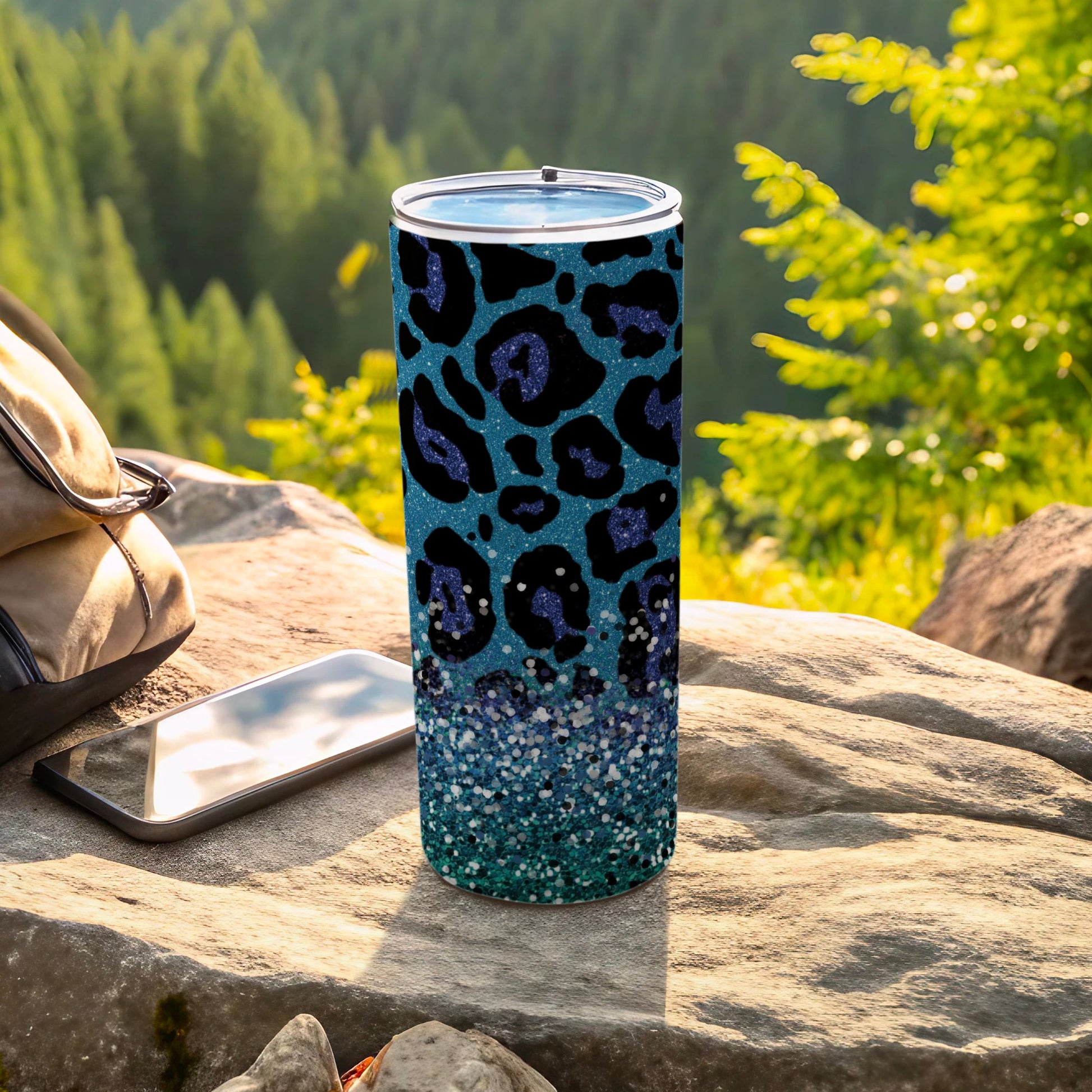 Glittery Blue and Black Leopard Print Design Tumbler