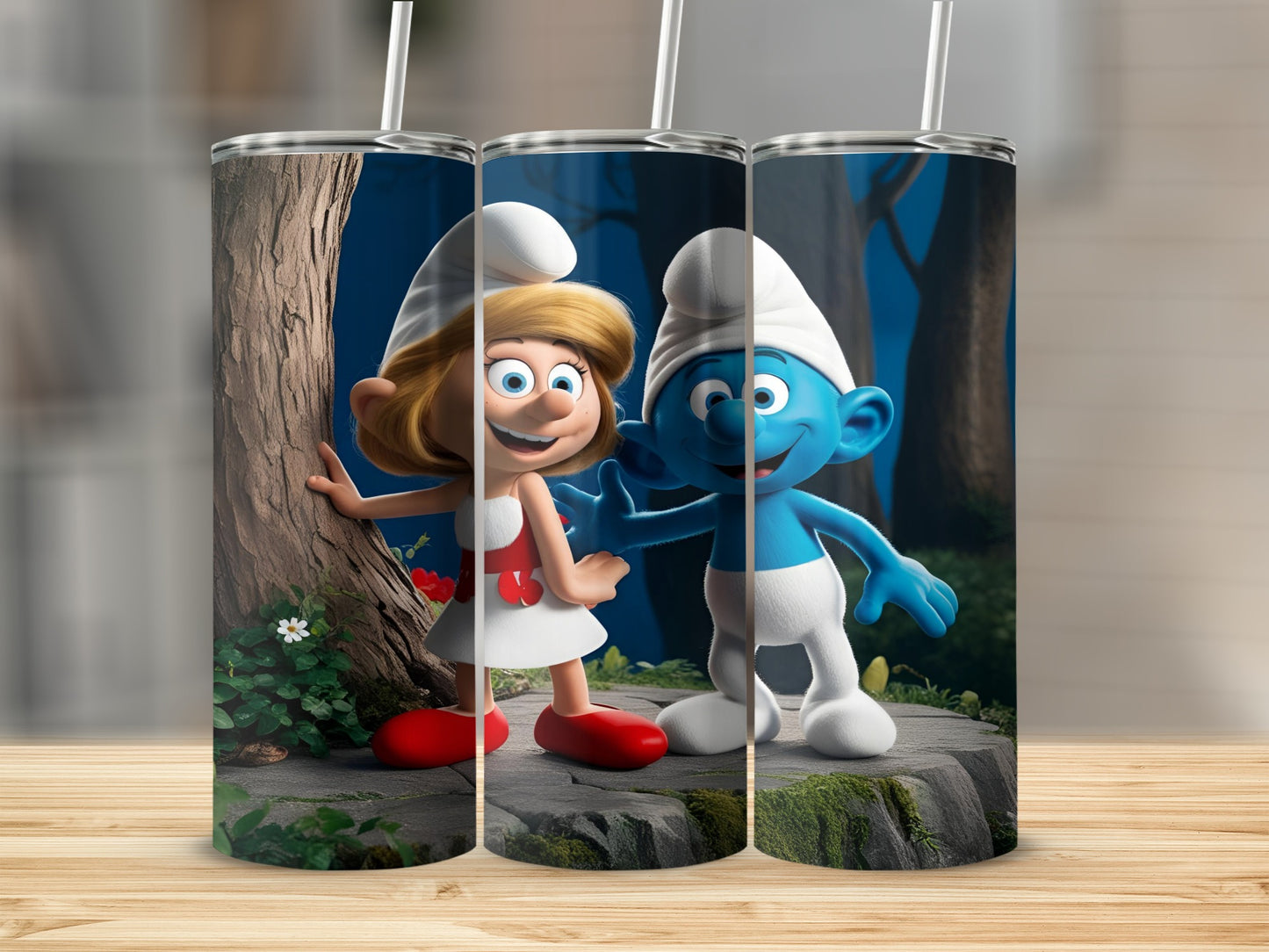 Smurfette and a Smurf stand together on mossy rocks near a tree.