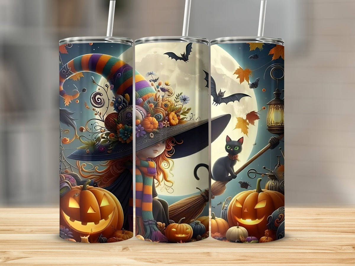 Three Halloween-themed tumblers with a witch, black cat, bats, and pumpkins.
