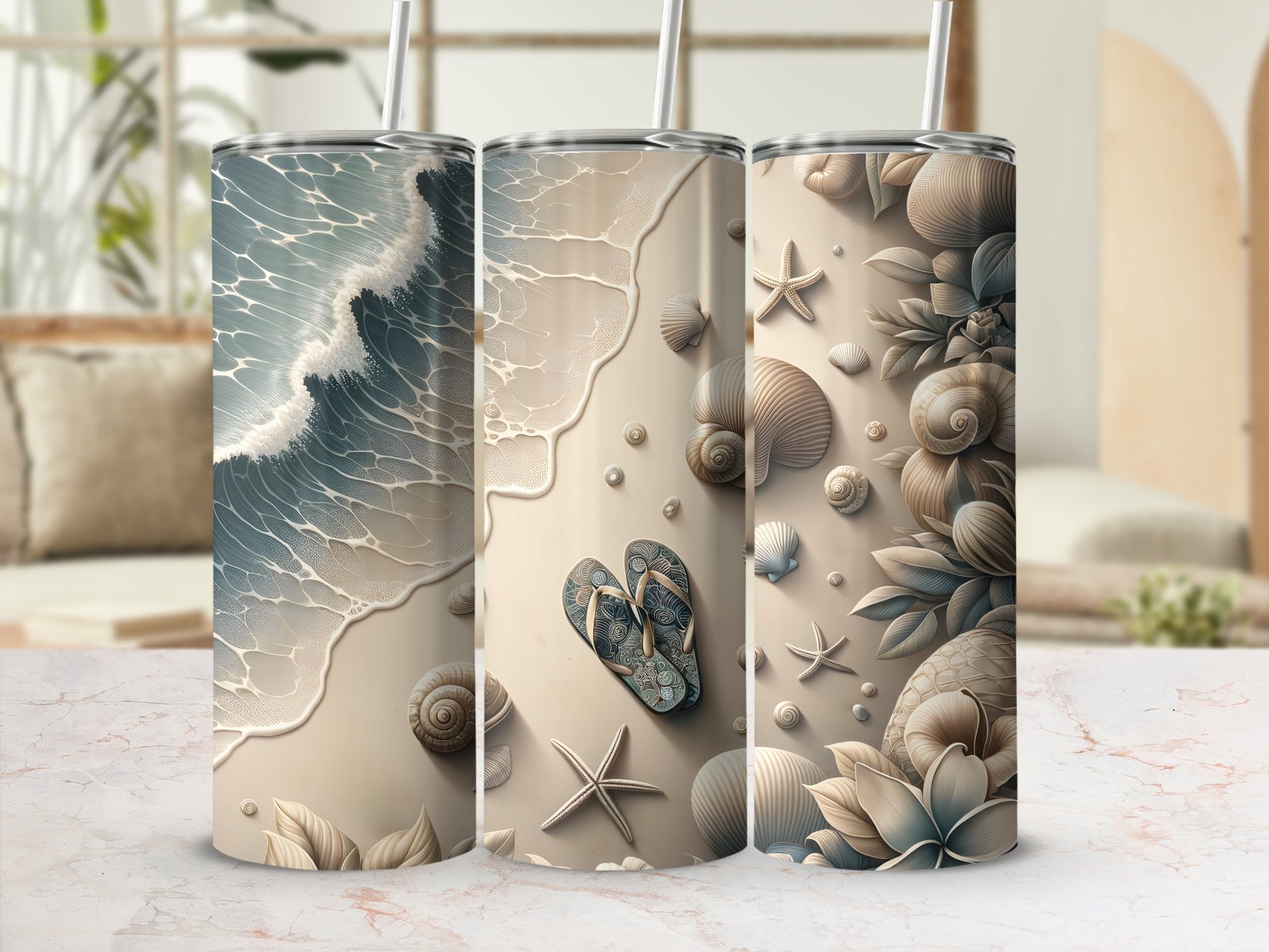 Three tumblers with beach, seashell, and starfish designs.