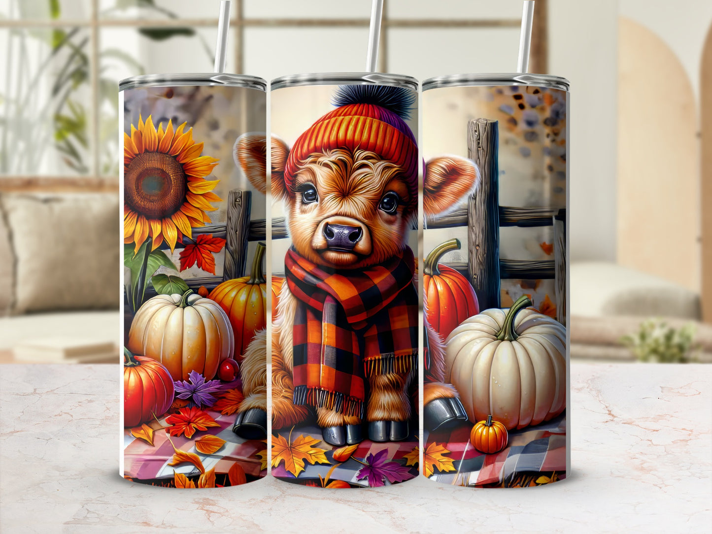 Calf in a hat and scarf with pumpkins and sunflowers on a checkered background.