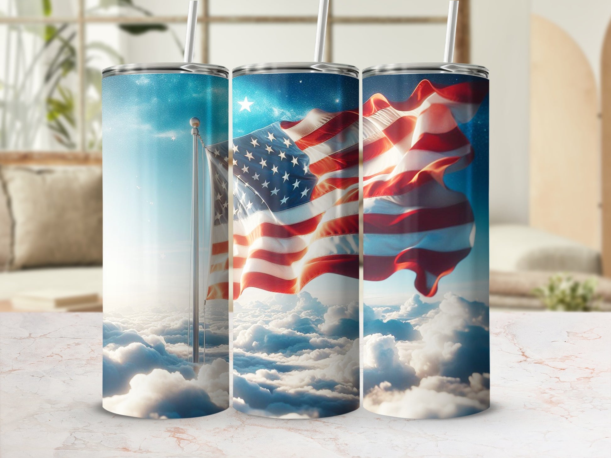 Three American flags ripple in the clouds under a starry sky.