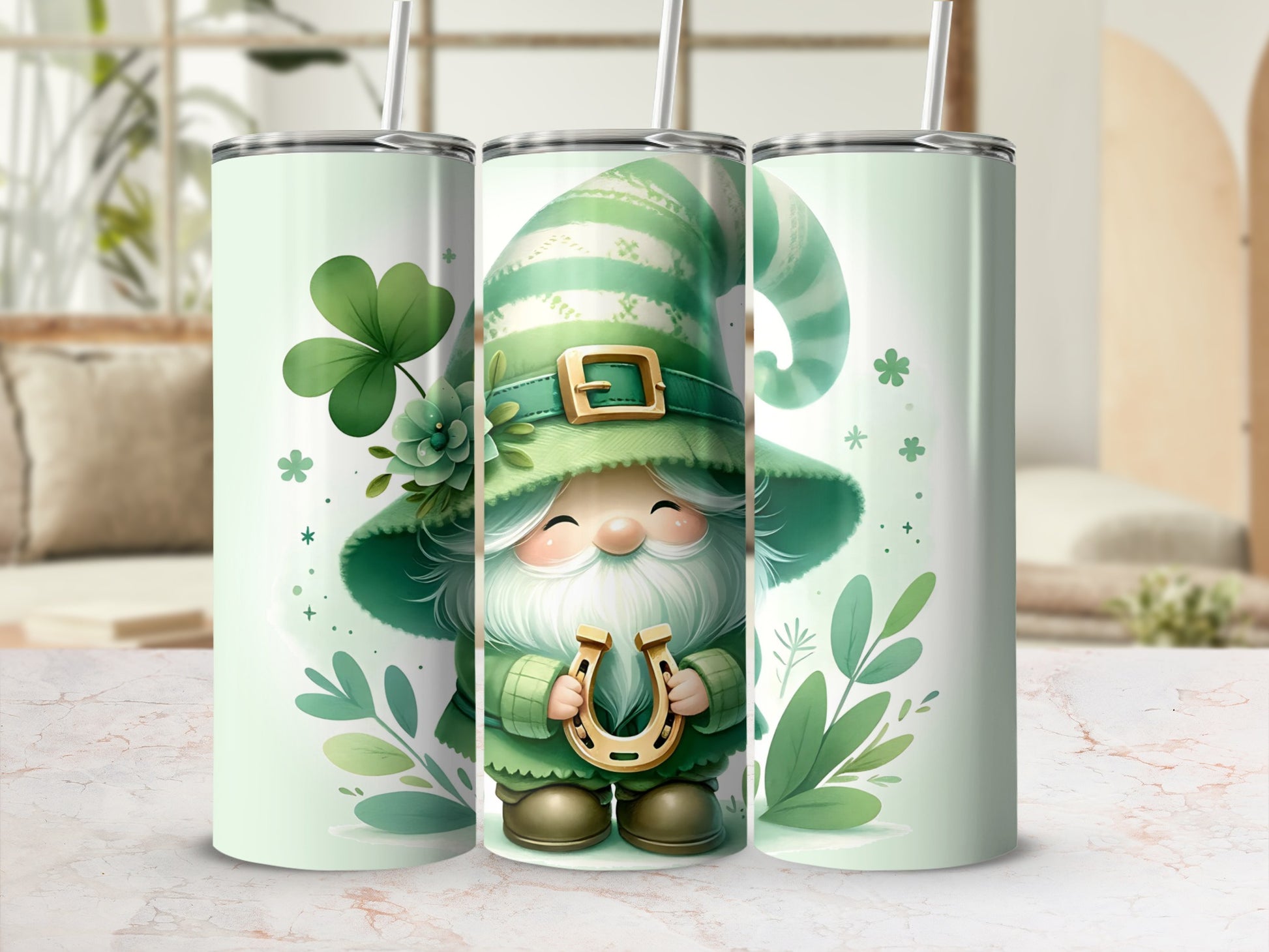Green gnome with horseshoe on a patterned tumbler, surrounded by shamrocks and leaves.