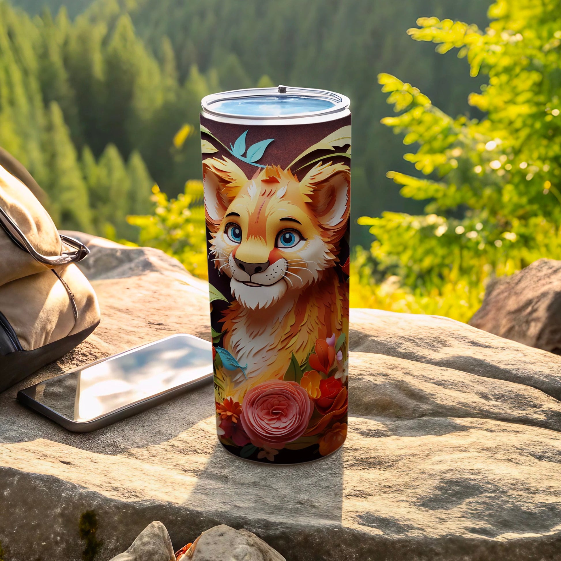 Cute Lion Cub Travel Tumbler with Floral Design