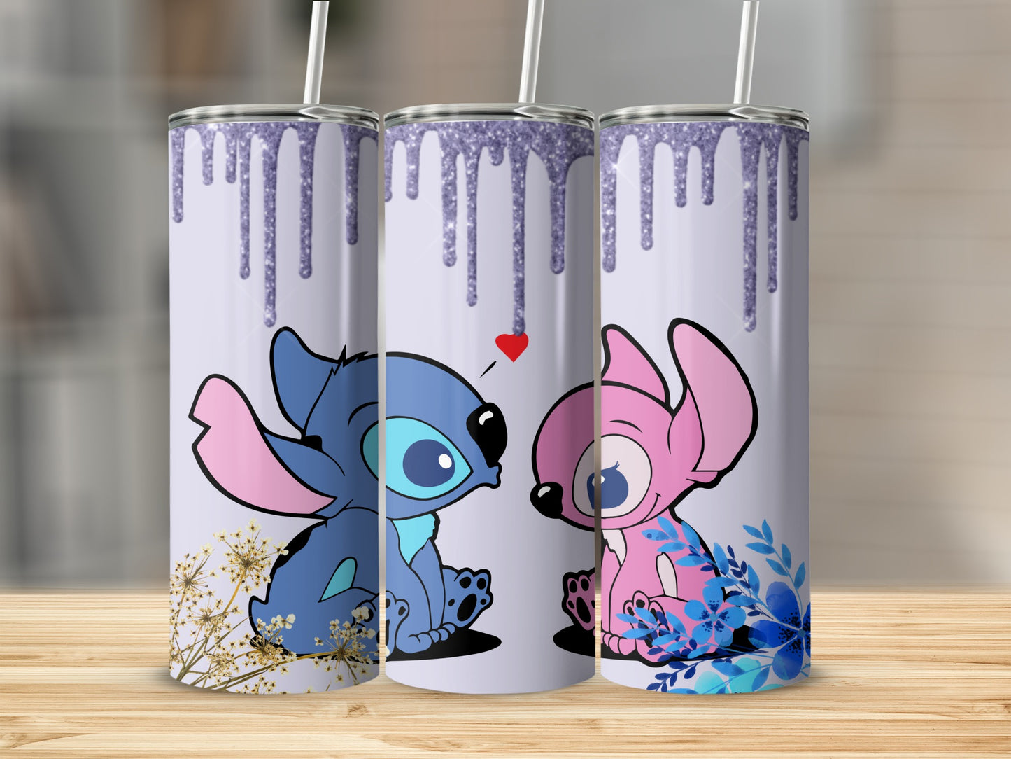 Cute Blue and Pink Characters Tumbler with Purple Drips