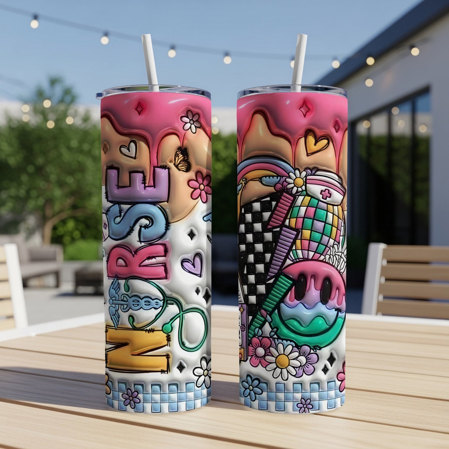 Two nurse-themed tumblers with colorful designs and text.