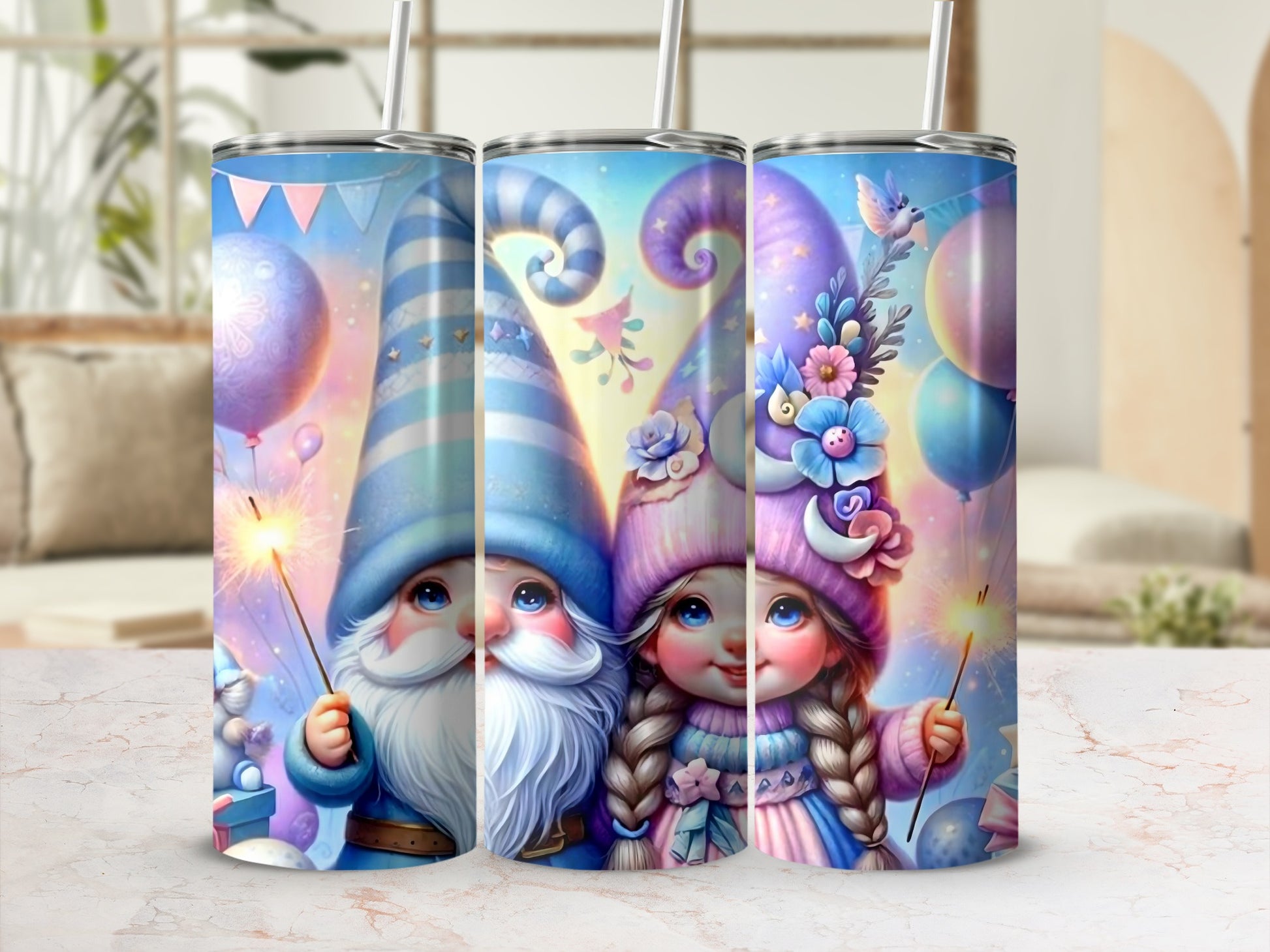 Cute Gnome Characters with Sparkler Tumblers