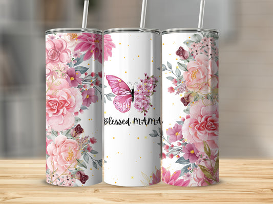 Blessed Mama Floral Butterfly Design Tumbler