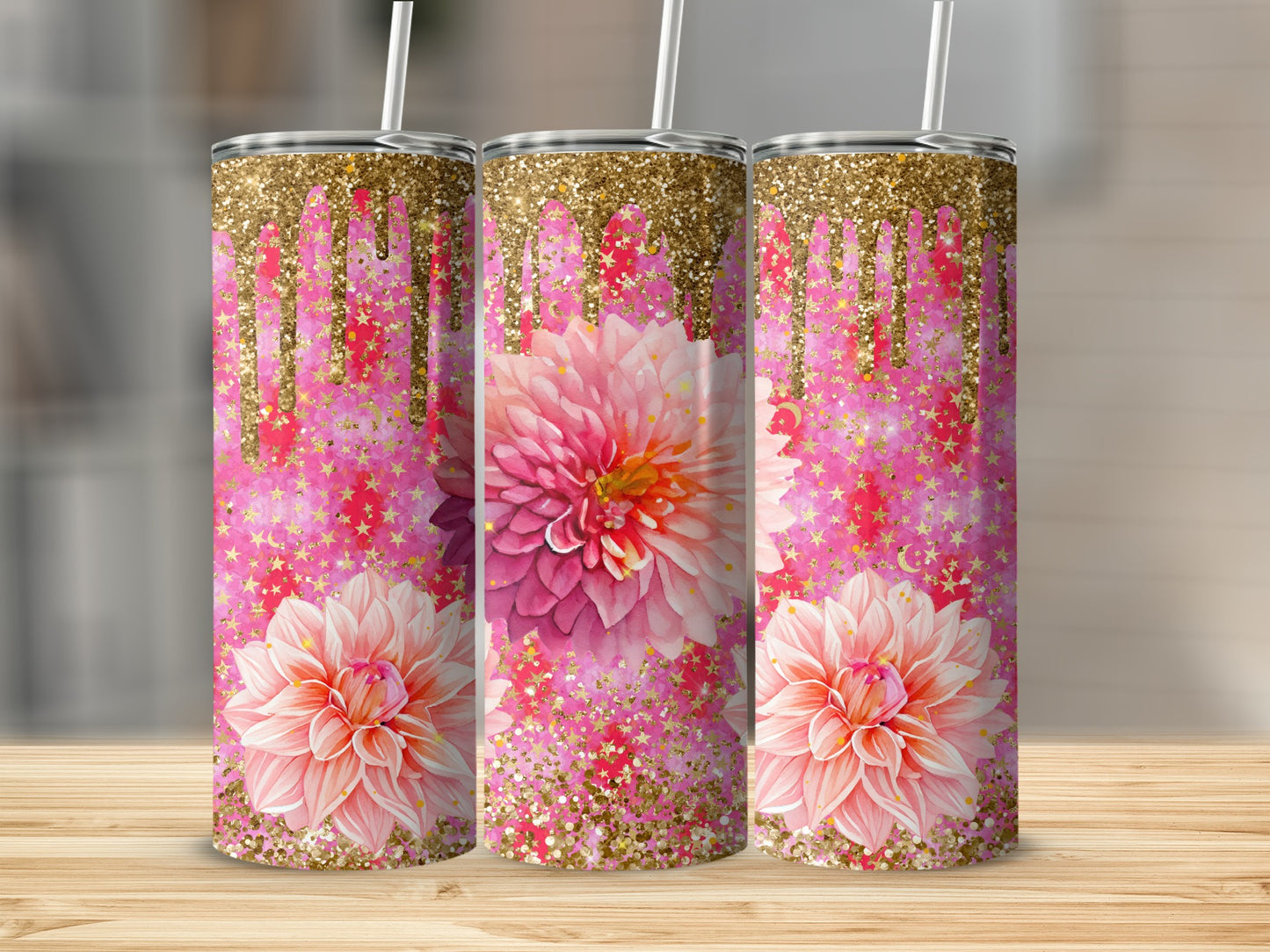 Pink and Gold Floral Glitter Print Tumbler product