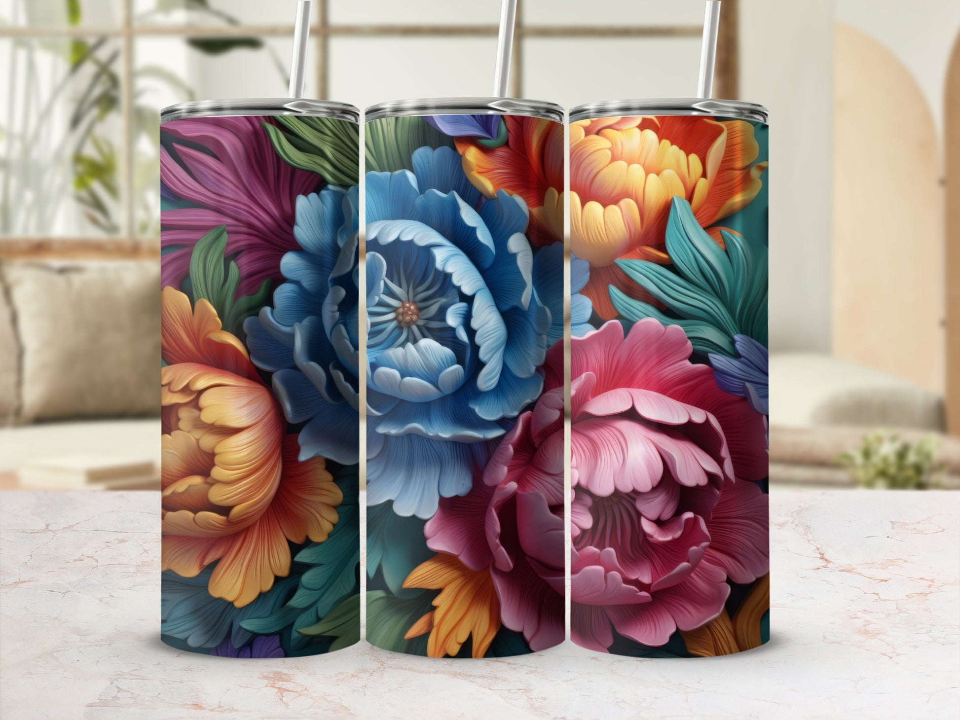 Vibrant Floral Design Insulated Tumbler Cup Collection