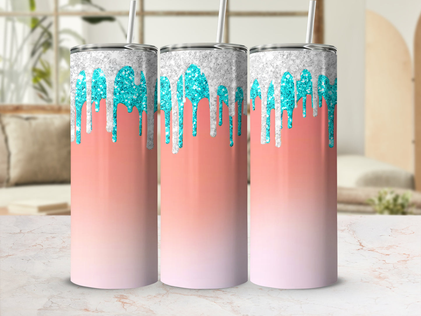 Silver Glitter Turquoise Drips Peach Pink Ombre Tumbler product type