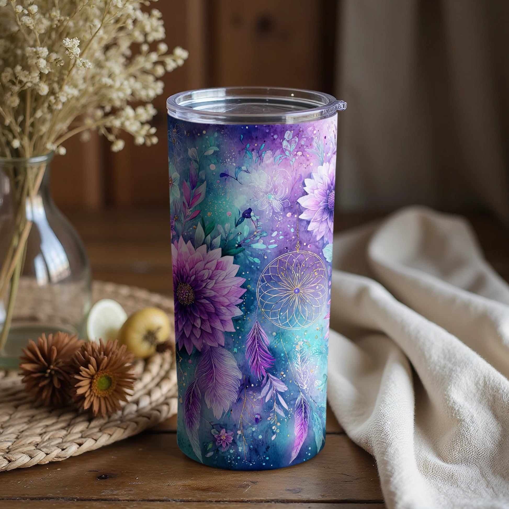 Dreamy Floral Feathers Design Insulated Tumbler