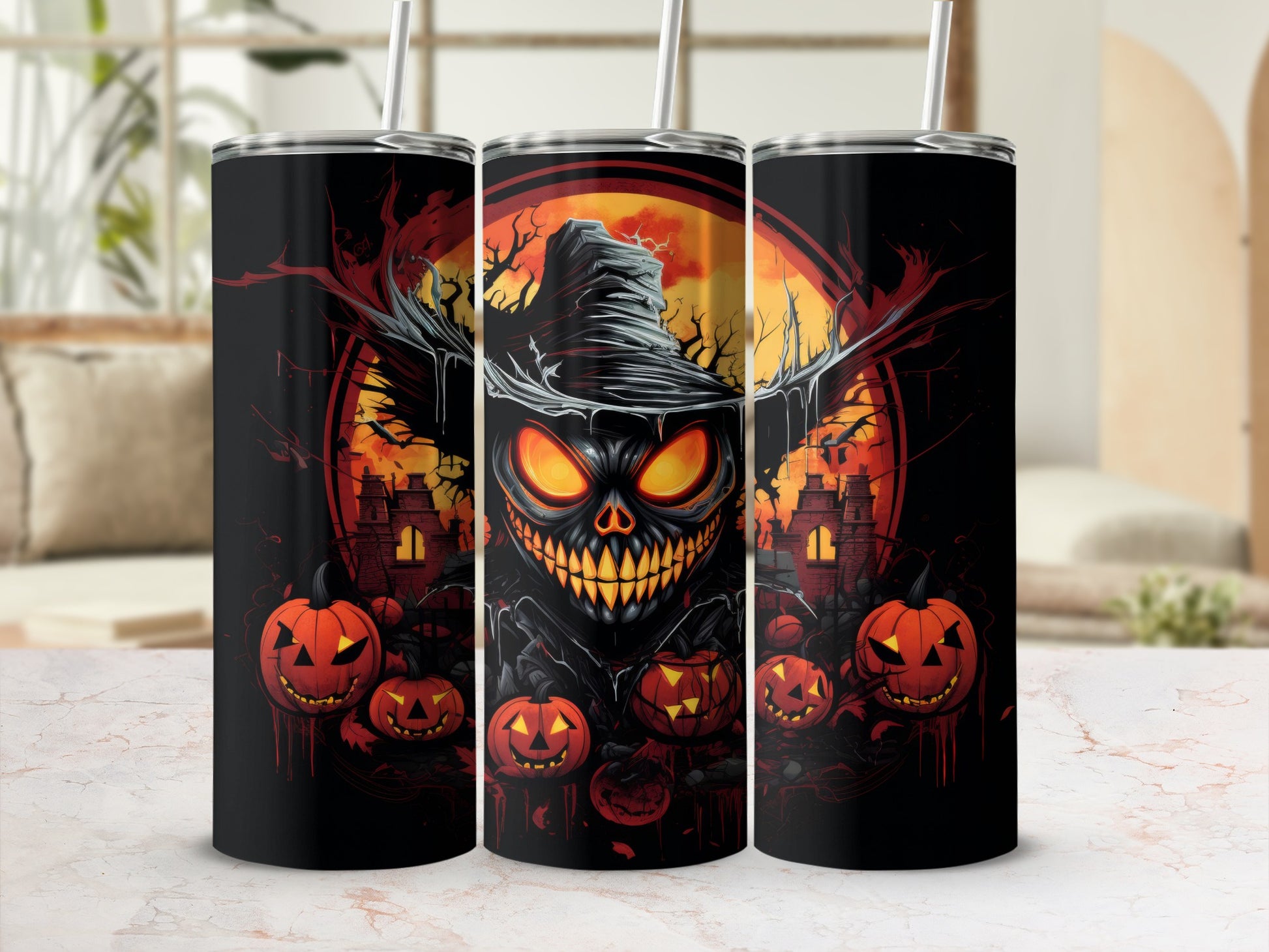 Halloween tumbler with evil pumpkin and haunted house design.