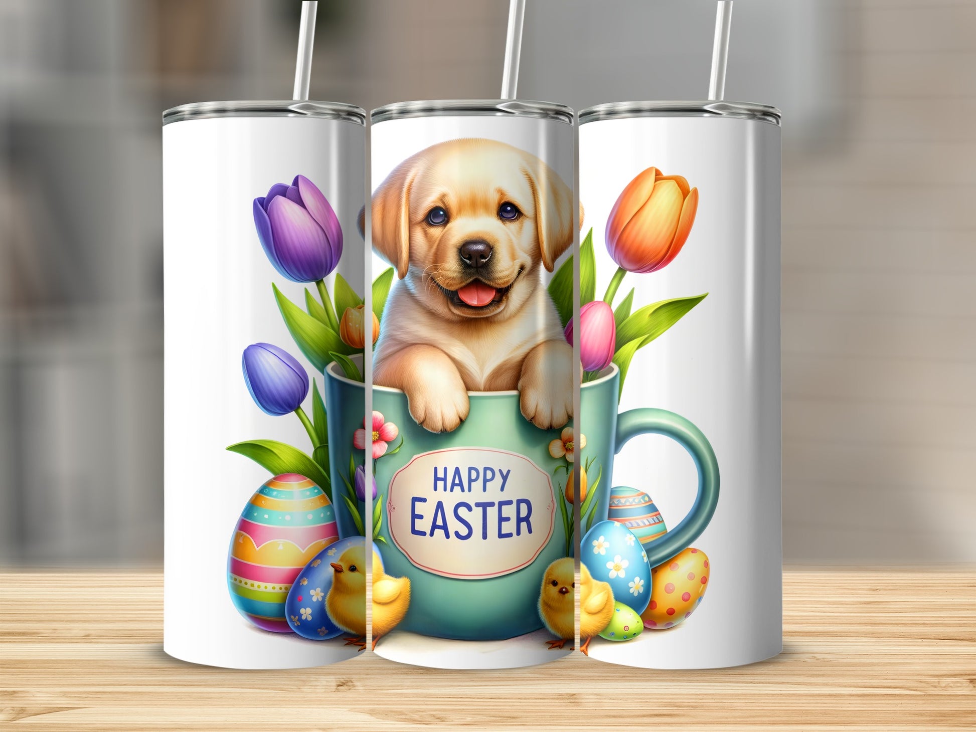 Happy Easter tumbler with puppy, chicks, and colorful Easter eggs.