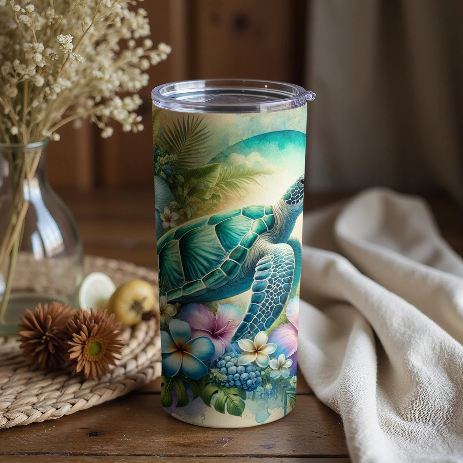 Tropical Sea Turtle and Flowers Tumbler Product