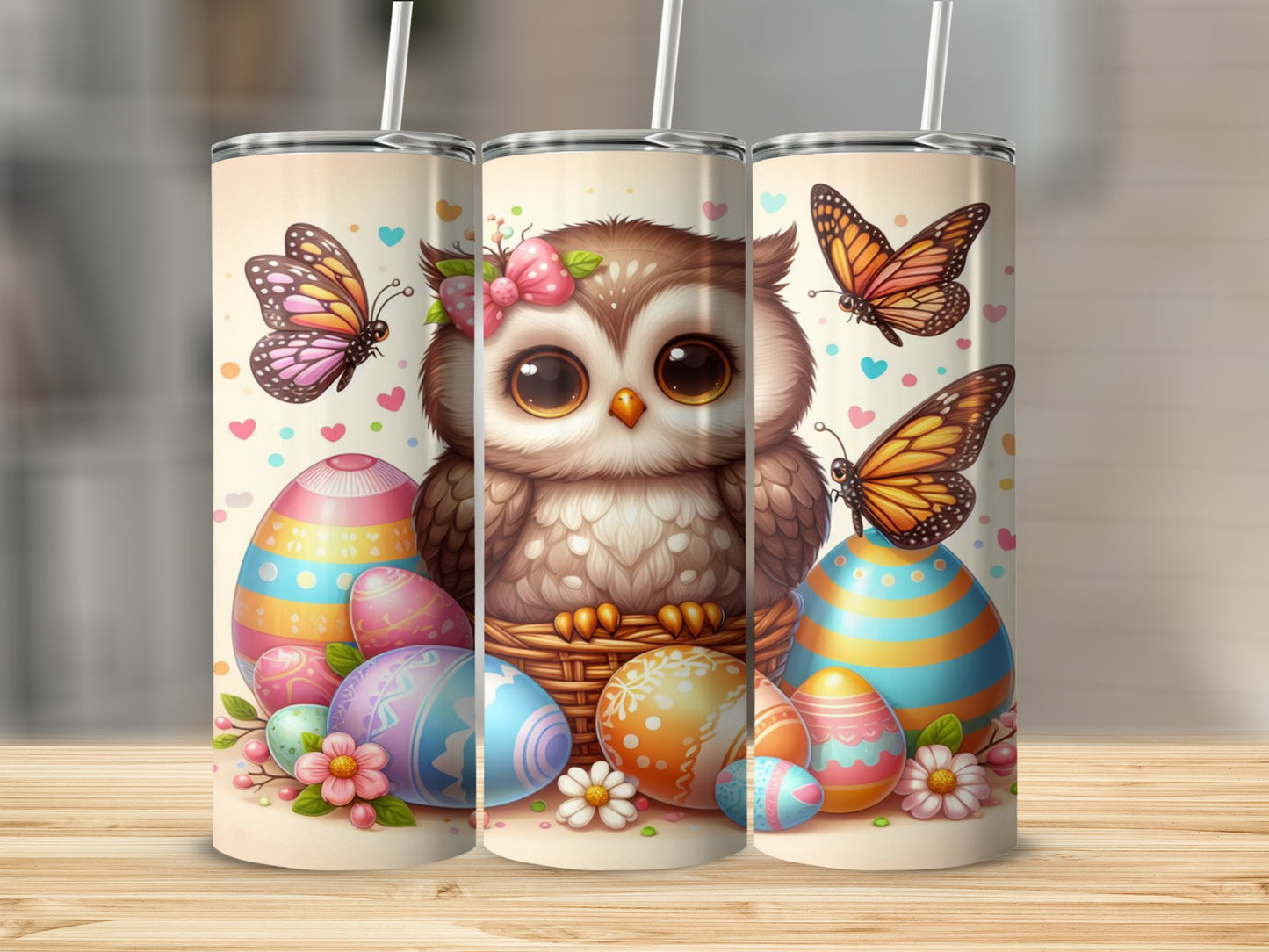 Cute owl in basket with Easter eggs and butterflies.