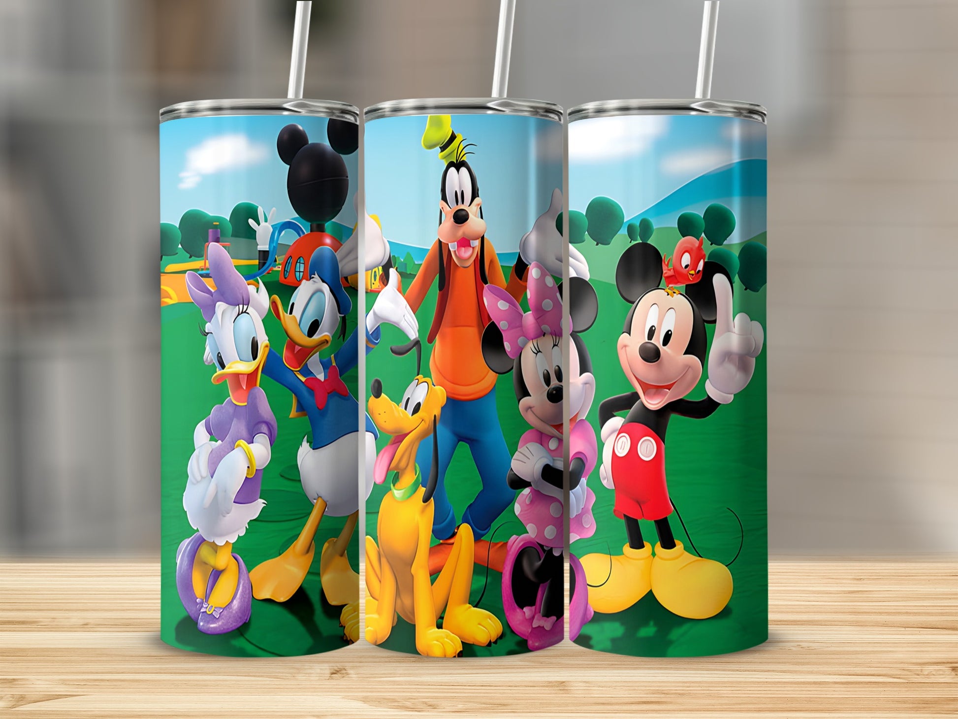 Mickey Mouse and friends characters on tumblers.