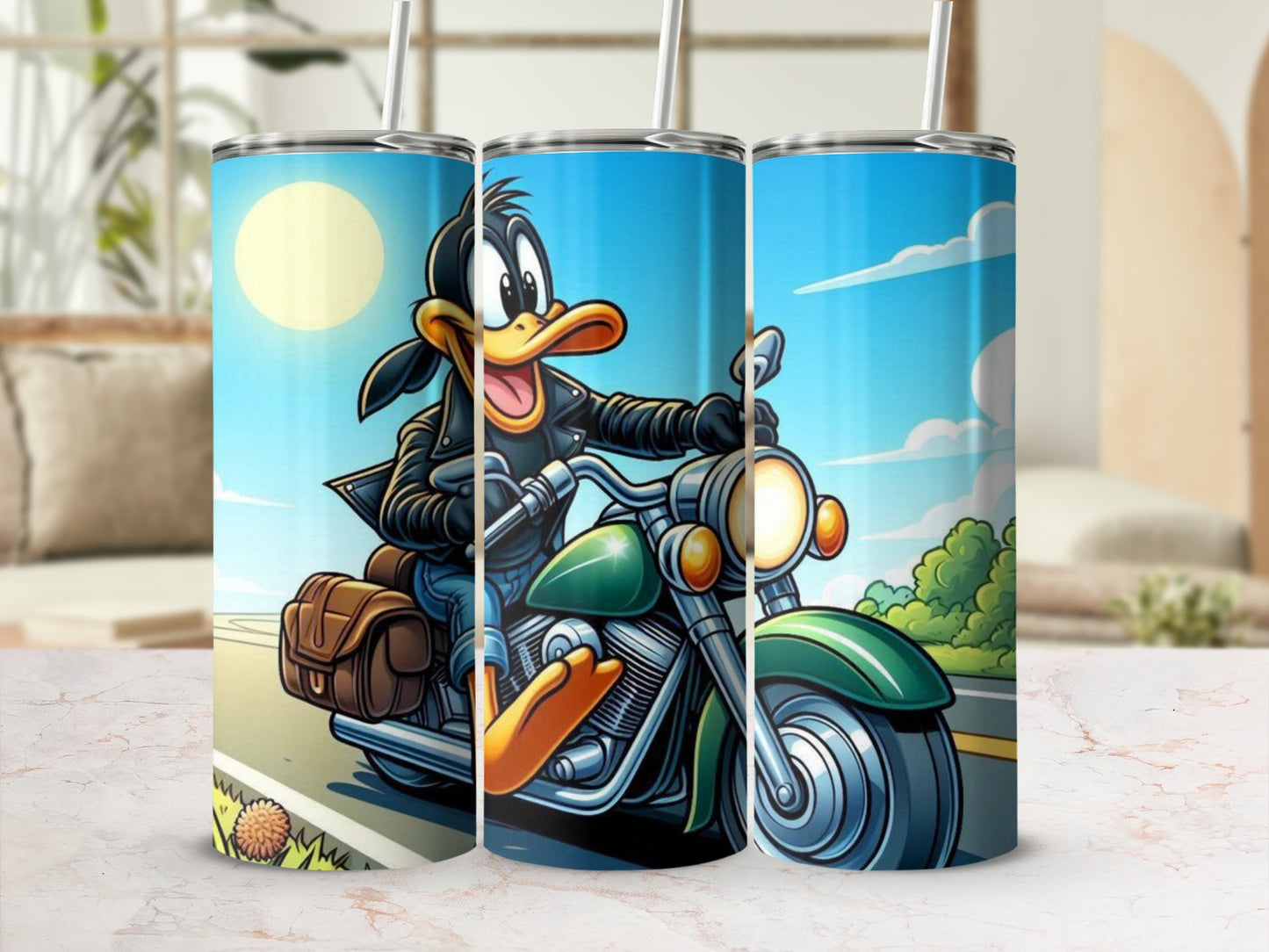 Cartoon Duck Riding Motorcycle Design Travel Tumbler