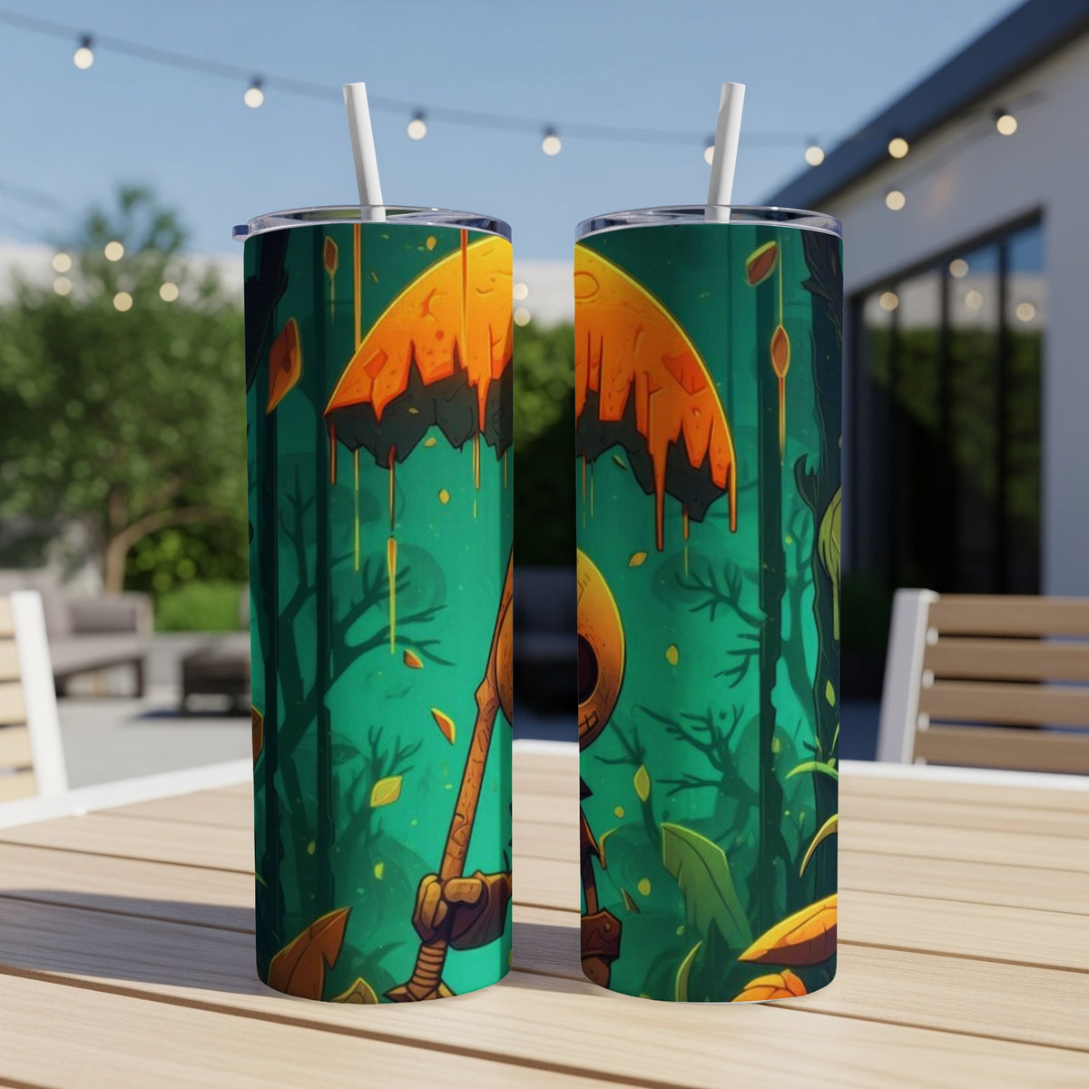 Two tumblers with a cartoon-style jack-o'-lantern and forest design, featuring straws.