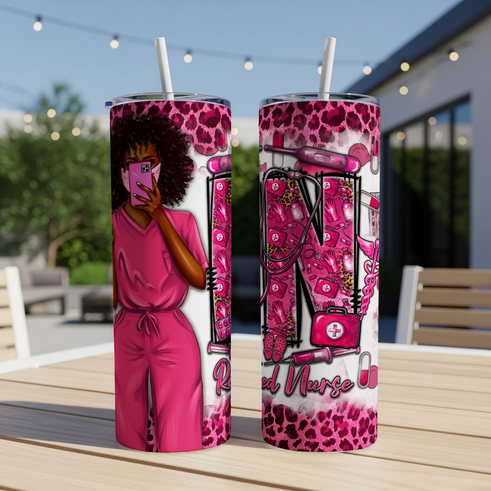 Nurse wearing pink scrubs with leopard print 'RN' graphic on a tumbler.