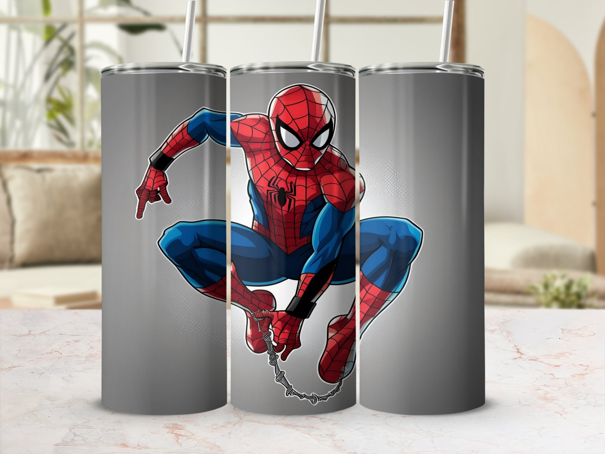 Spider-Man in iconic pose on a tumbler, web swinging.