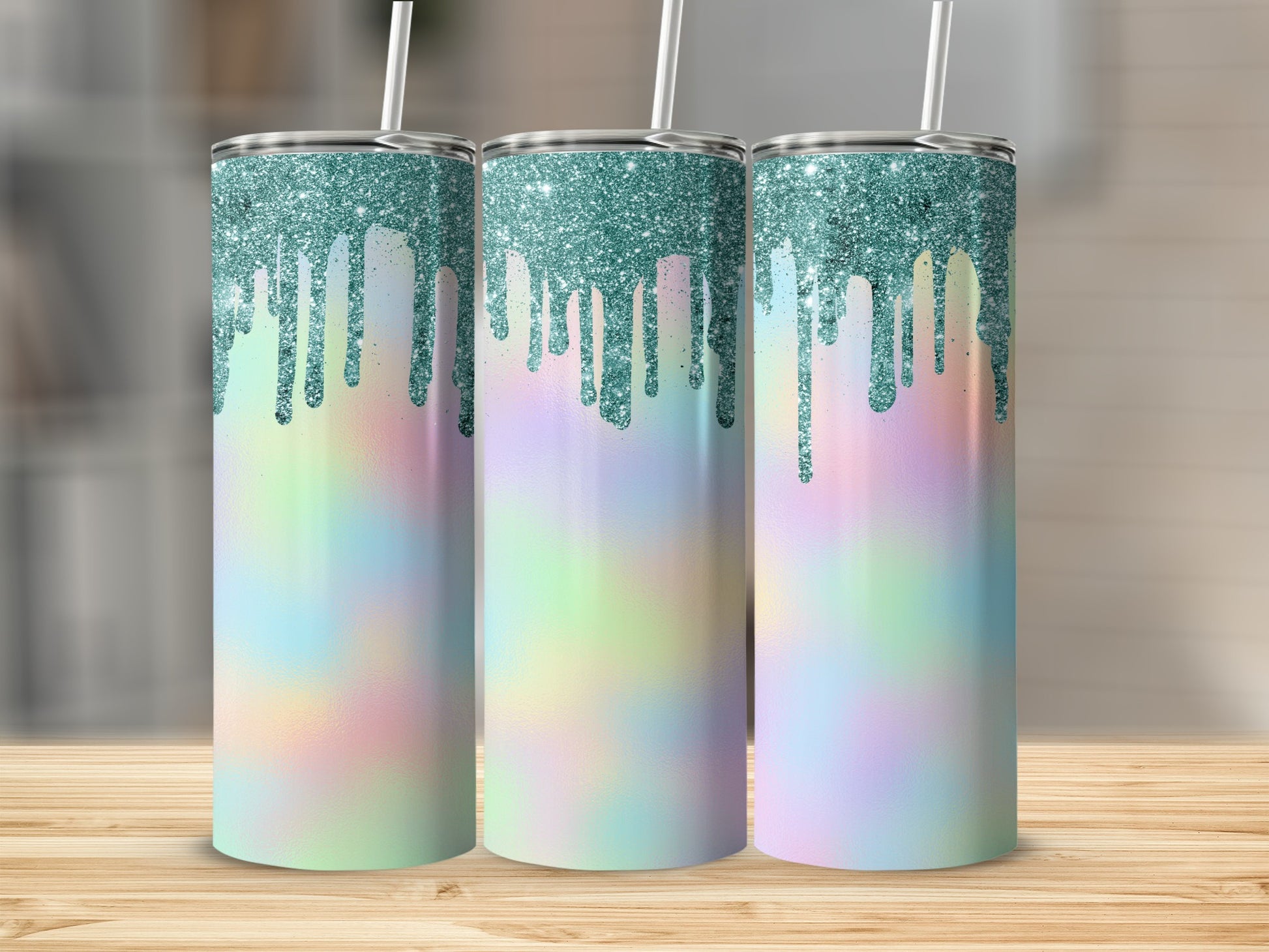 Three tumblers with glitter drips and pastel tie-dye patterns.
