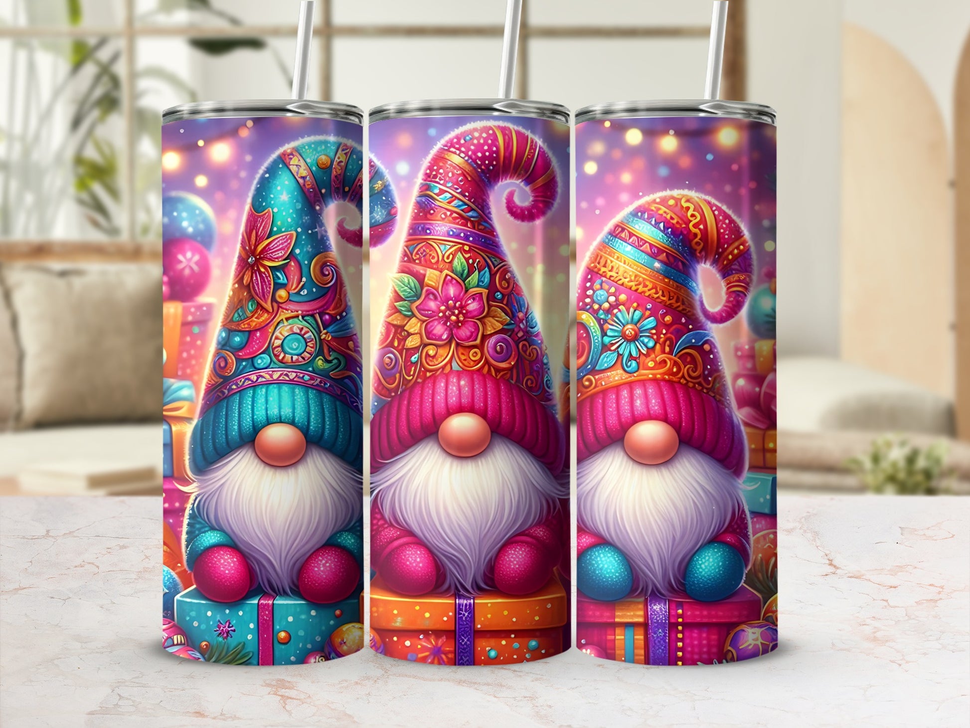 Three colorful gnomes with pointy hats sit on gift boxes with bokeh lights background.