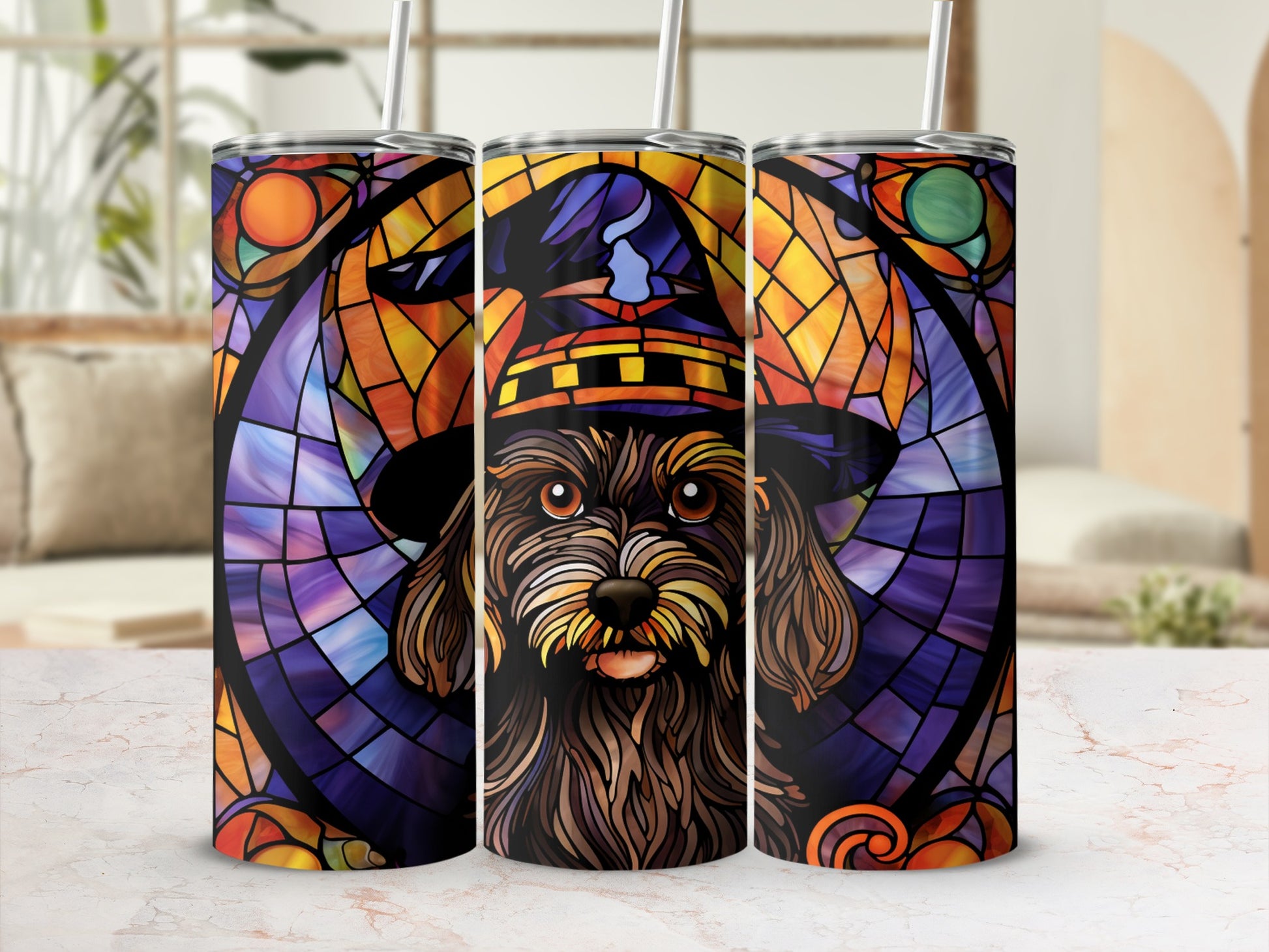 Witch hat dog on stained glass tumbler.
