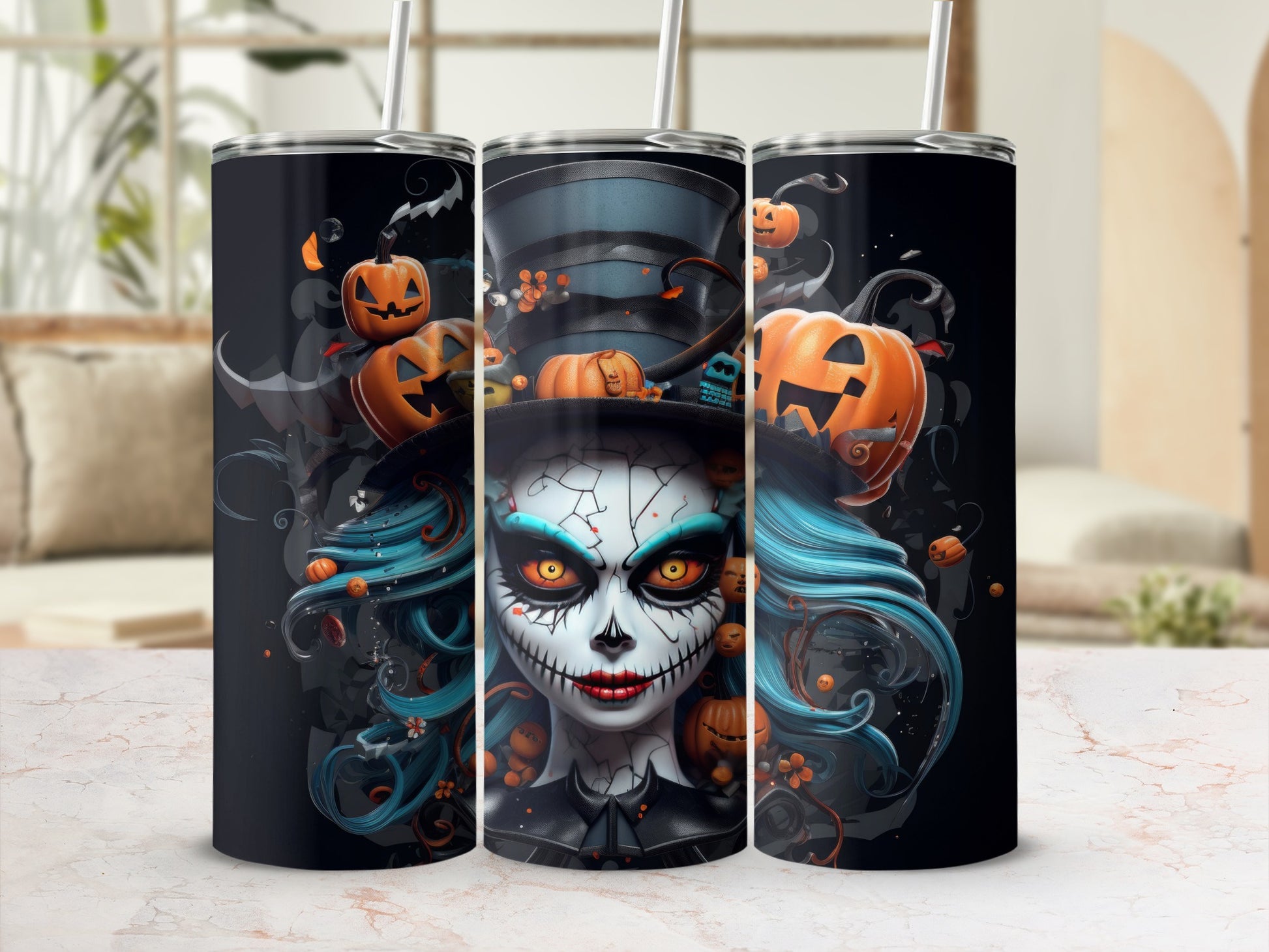 Halloween themed tumbler with a Day of the Dead skull, pumpkins, and blue hair.