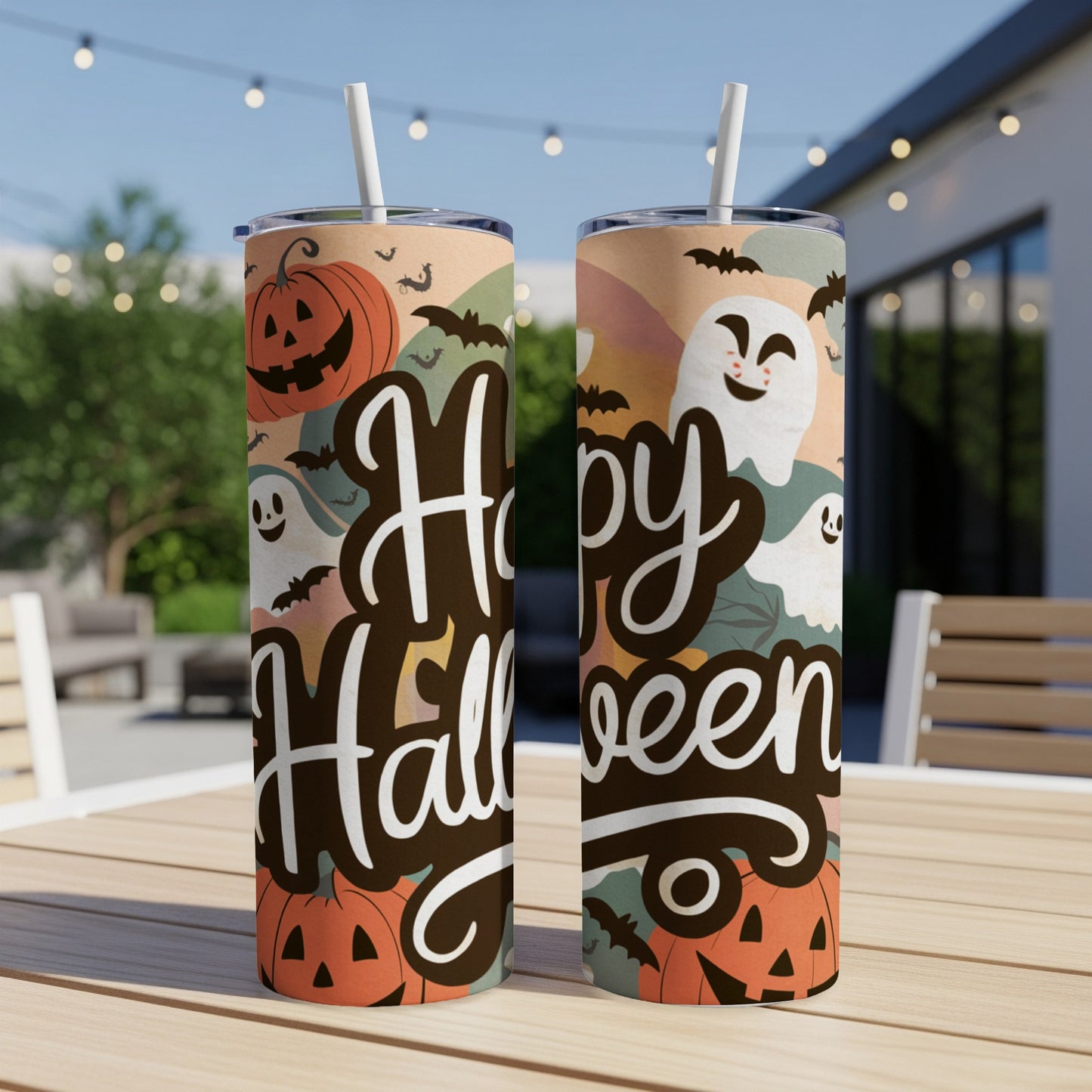 Two tumblers with "Happy Halloween" text and Halloween graphics like ghosts and pumpkins.