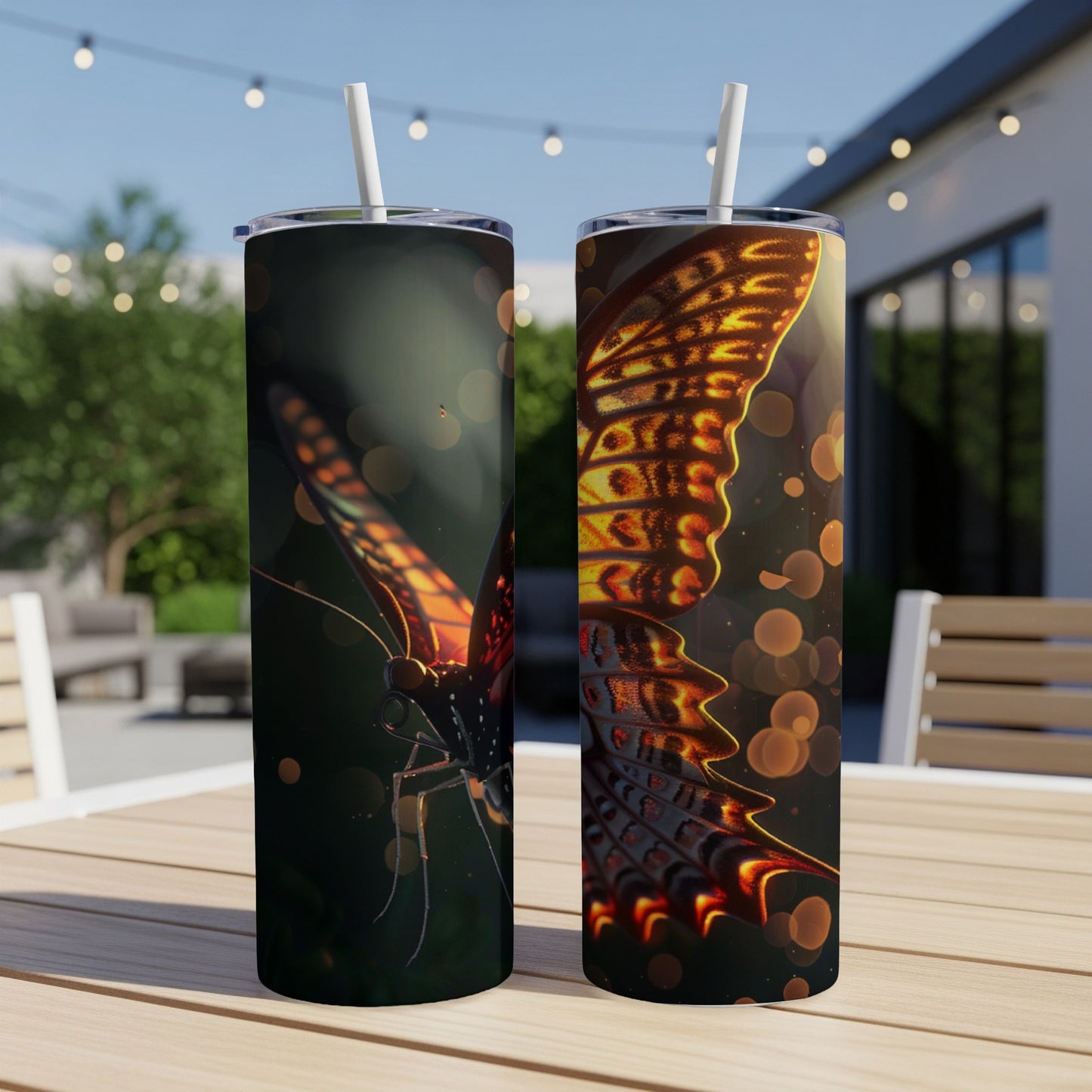 Two tumblers featuring a close-up, vibrant butterfly wing design with bokeh lights.