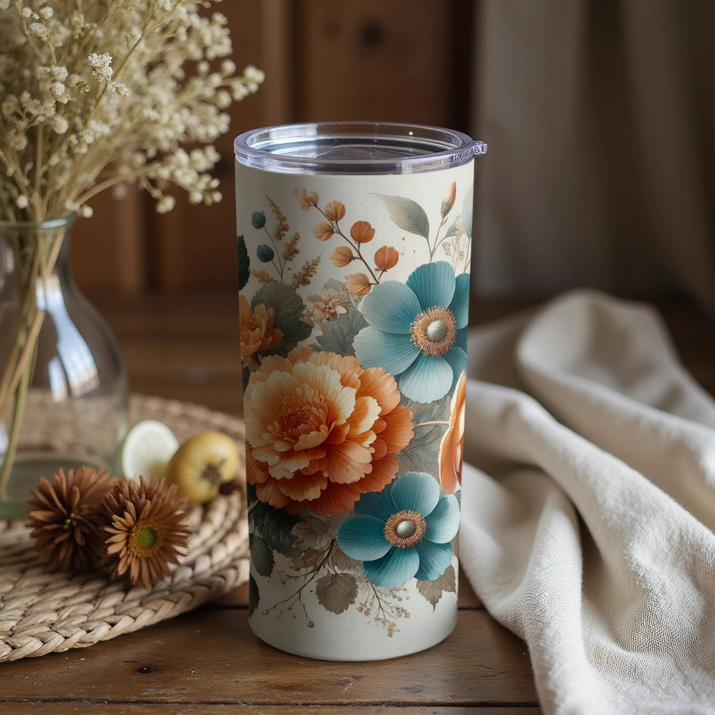 Elegant Floral Insulated Tumbler Cup with Secure Lid