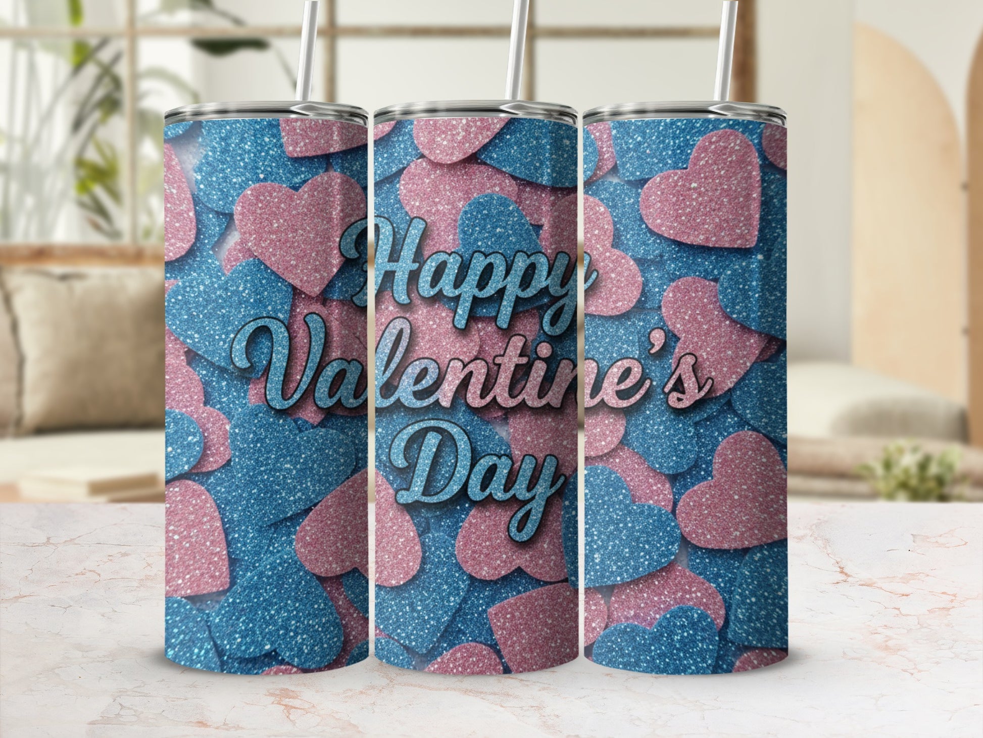 Happy Valentine's Day Glitter Hearts Tumbler Cup