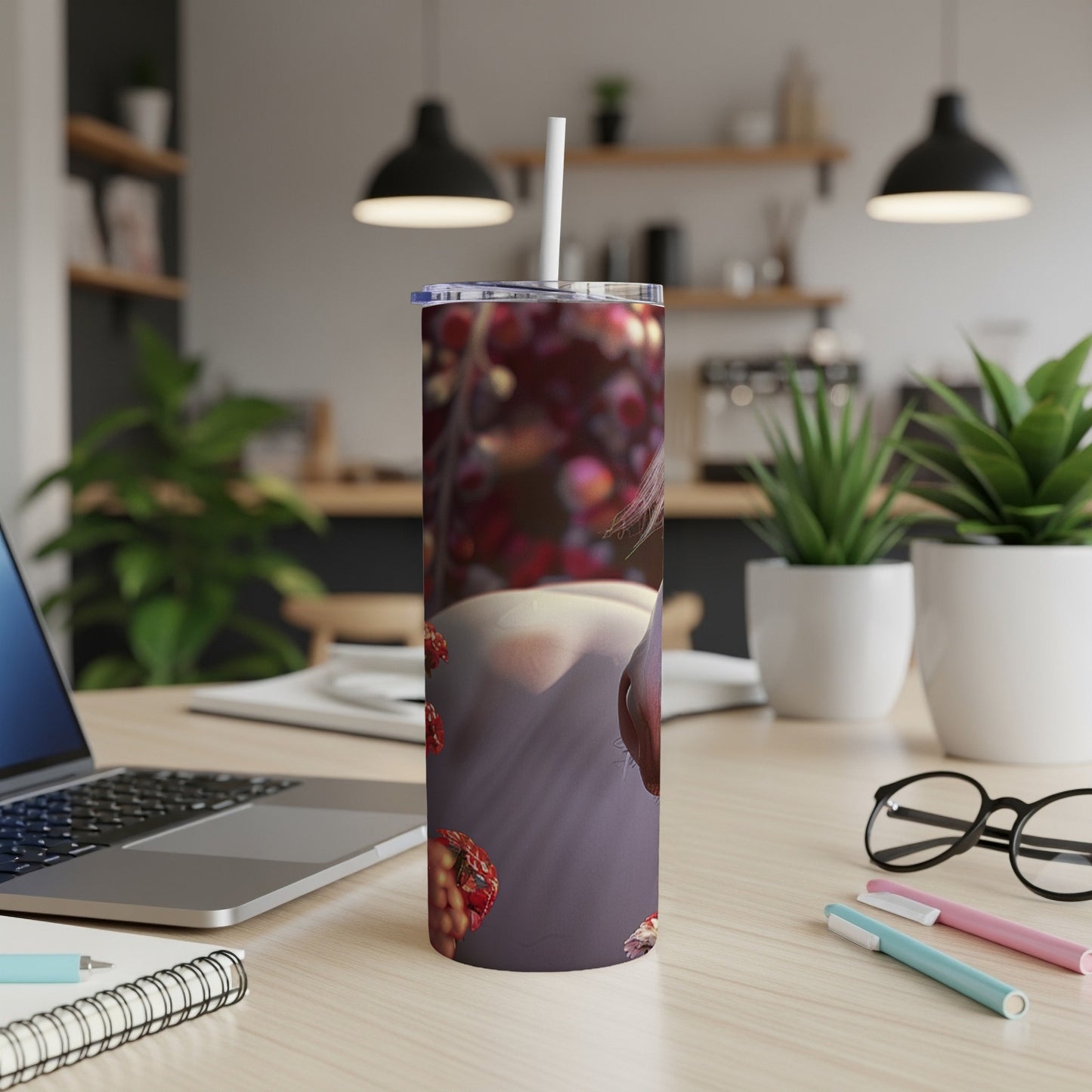 Tumbler with detailed illustration of fungal spores on a purple background.