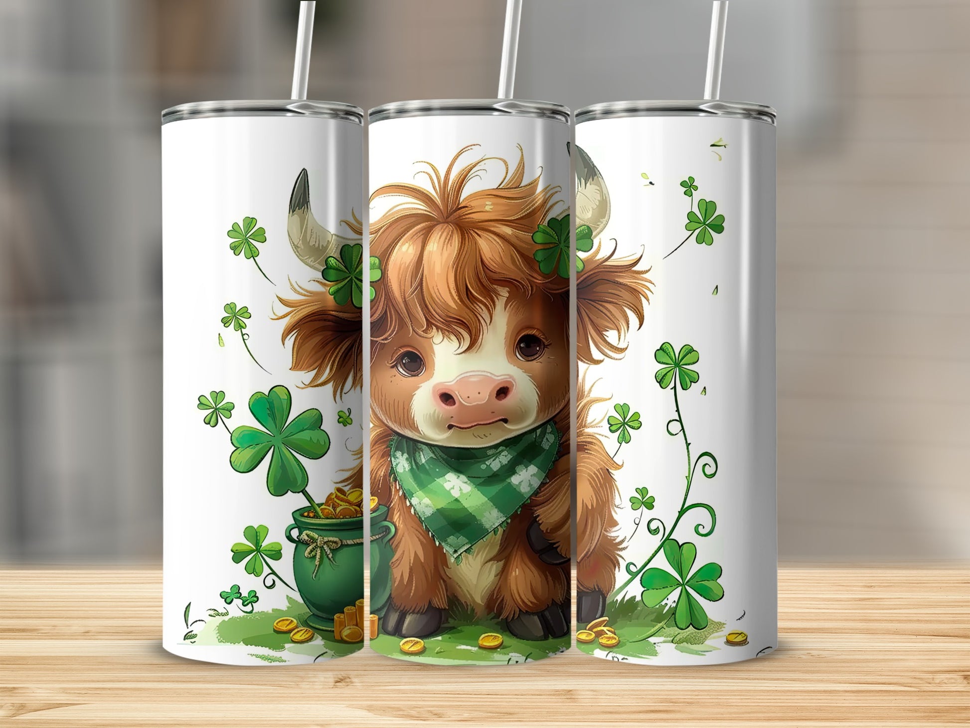 Cow with shamrocks and pot of gold on Saint Patrick's Day tumbler.