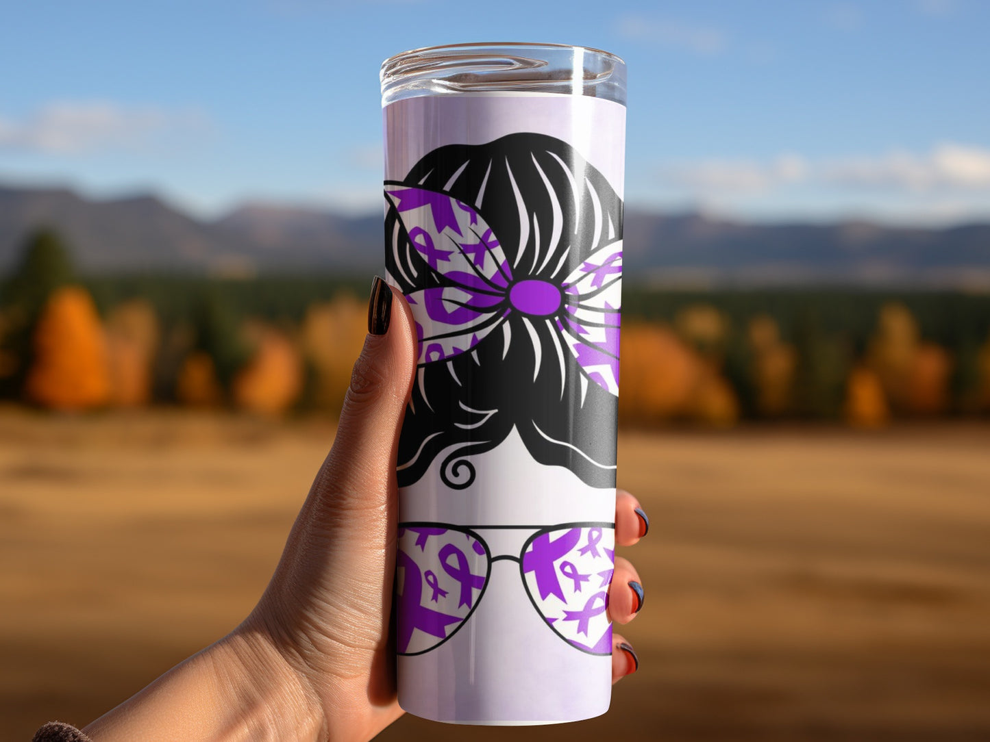Stylish Tumbler with Purple Ribbon Design for Sale