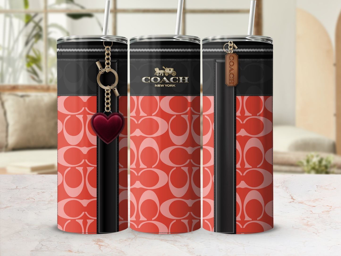 Coach New York Red Patterned Tumbler with Heart Charm