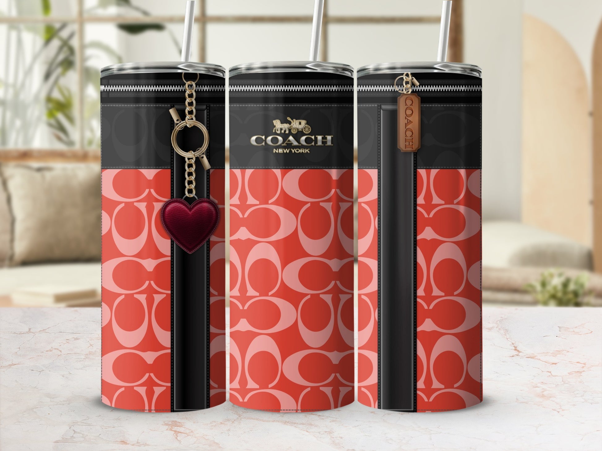 Coach New York Red Patterned Tumbler with Heart Charm