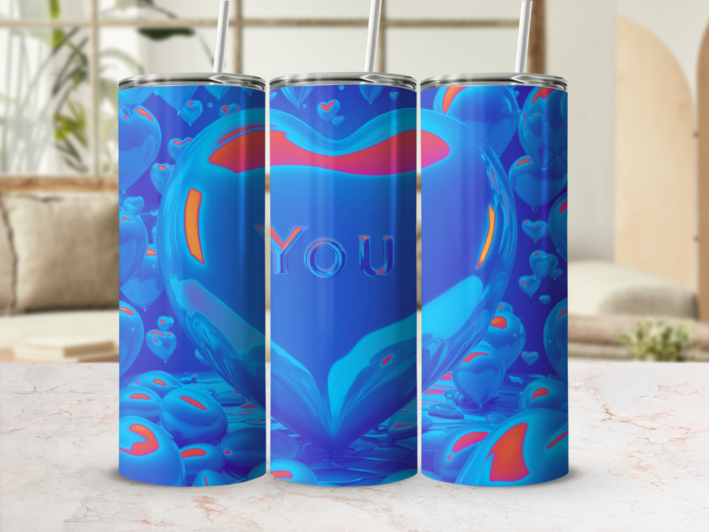 Three blue tumblers with heart shapes and "YOU" text.
