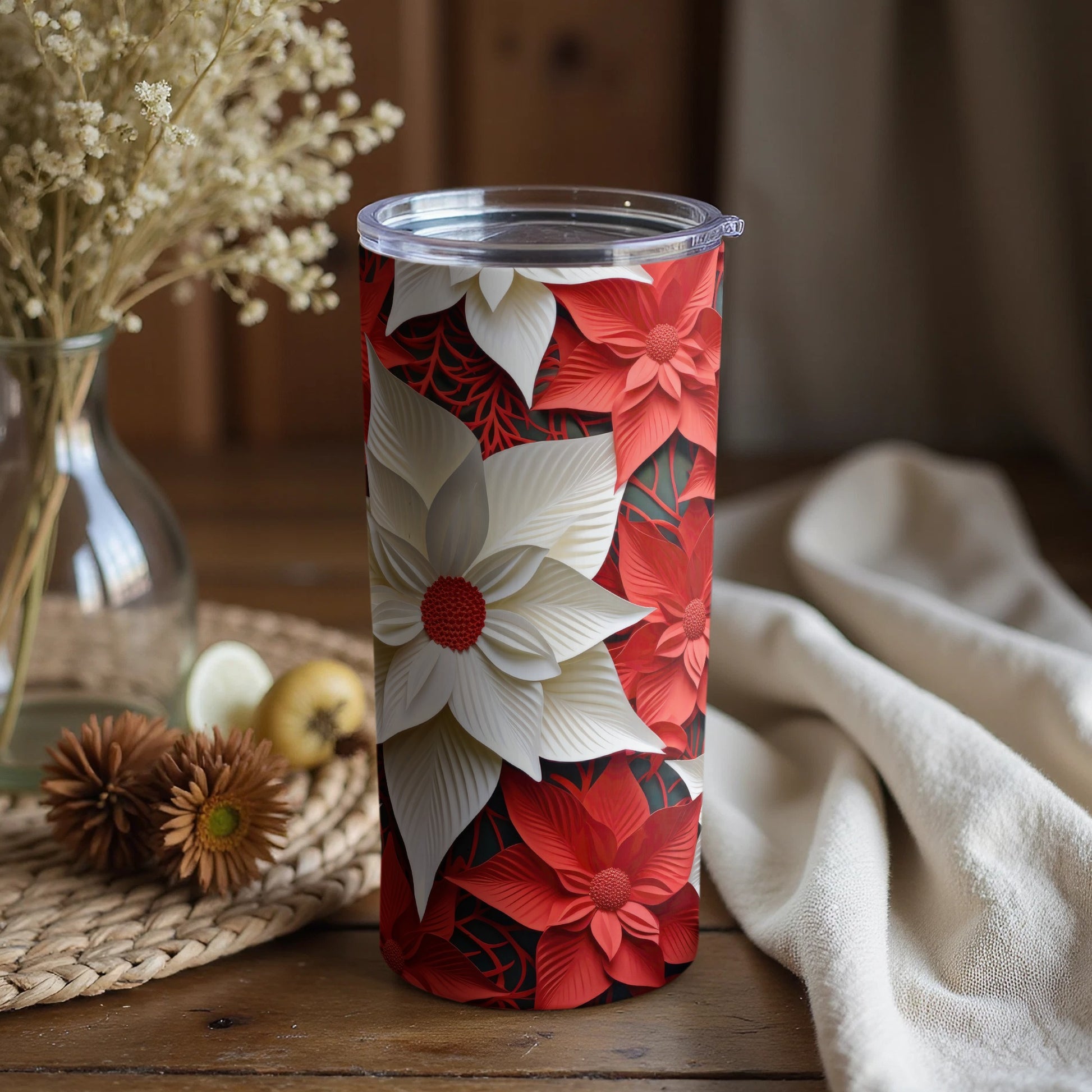 Festive Floral Design Tumbler with Vibrant Red and White