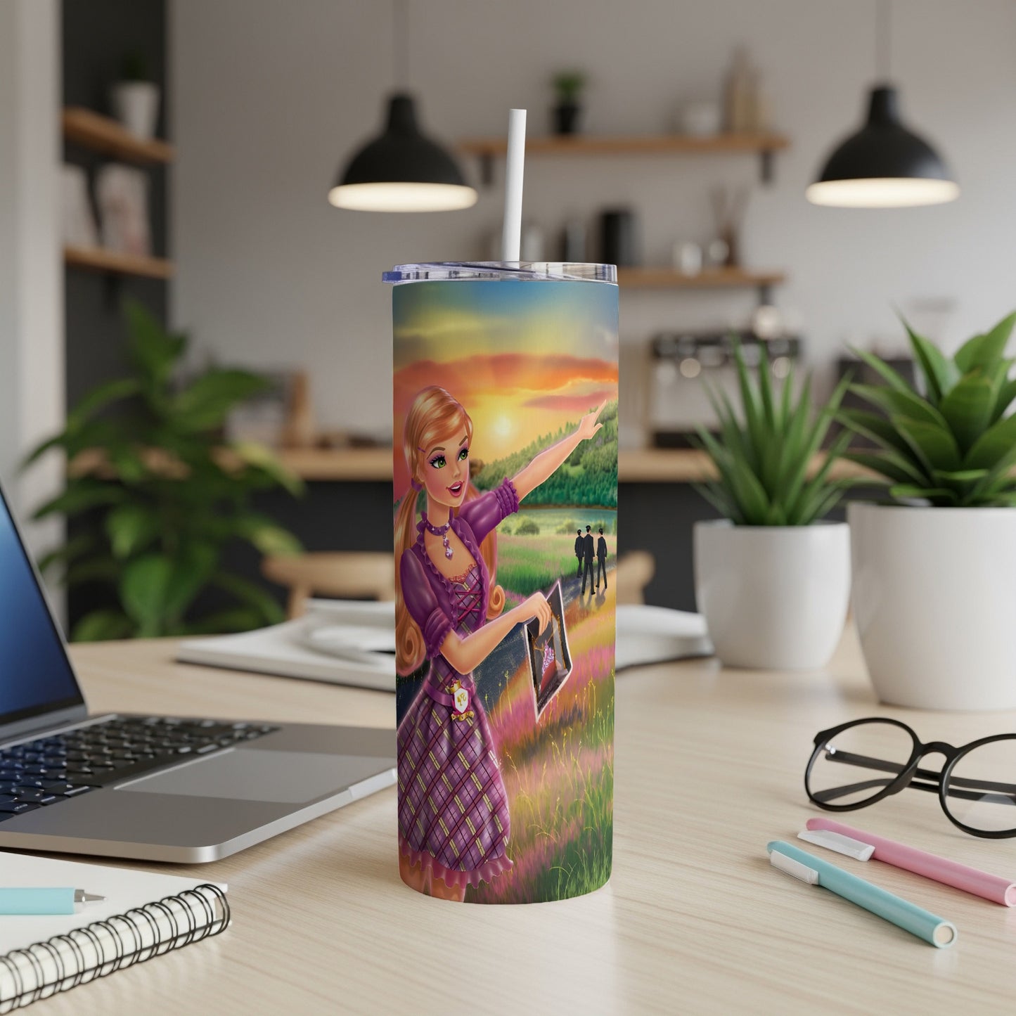 Tumbler with a woman taking a selfie in a field at sunset.