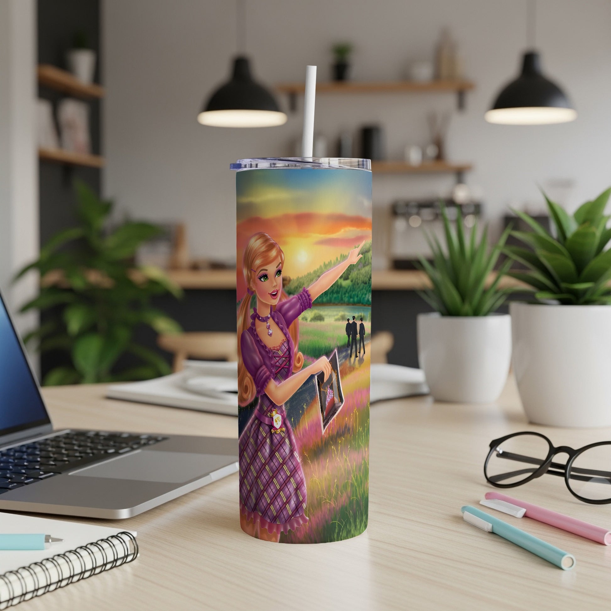 Tumbler with a woman taking a selfie in a field at sunset.